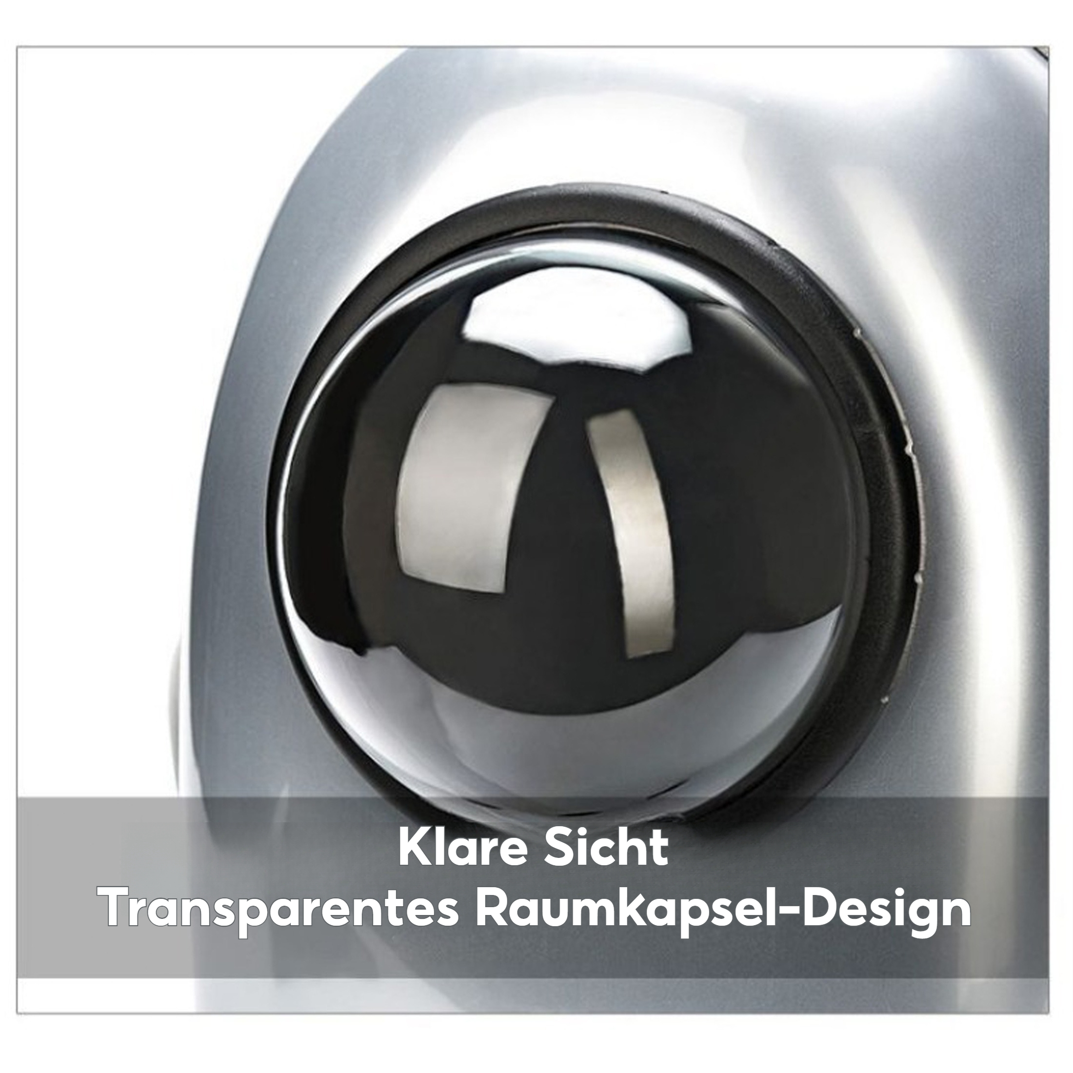 Nahaufnahme des transparenten Blasenfensters des Haustierrucksacks mit dem Text: Klare Sicht.