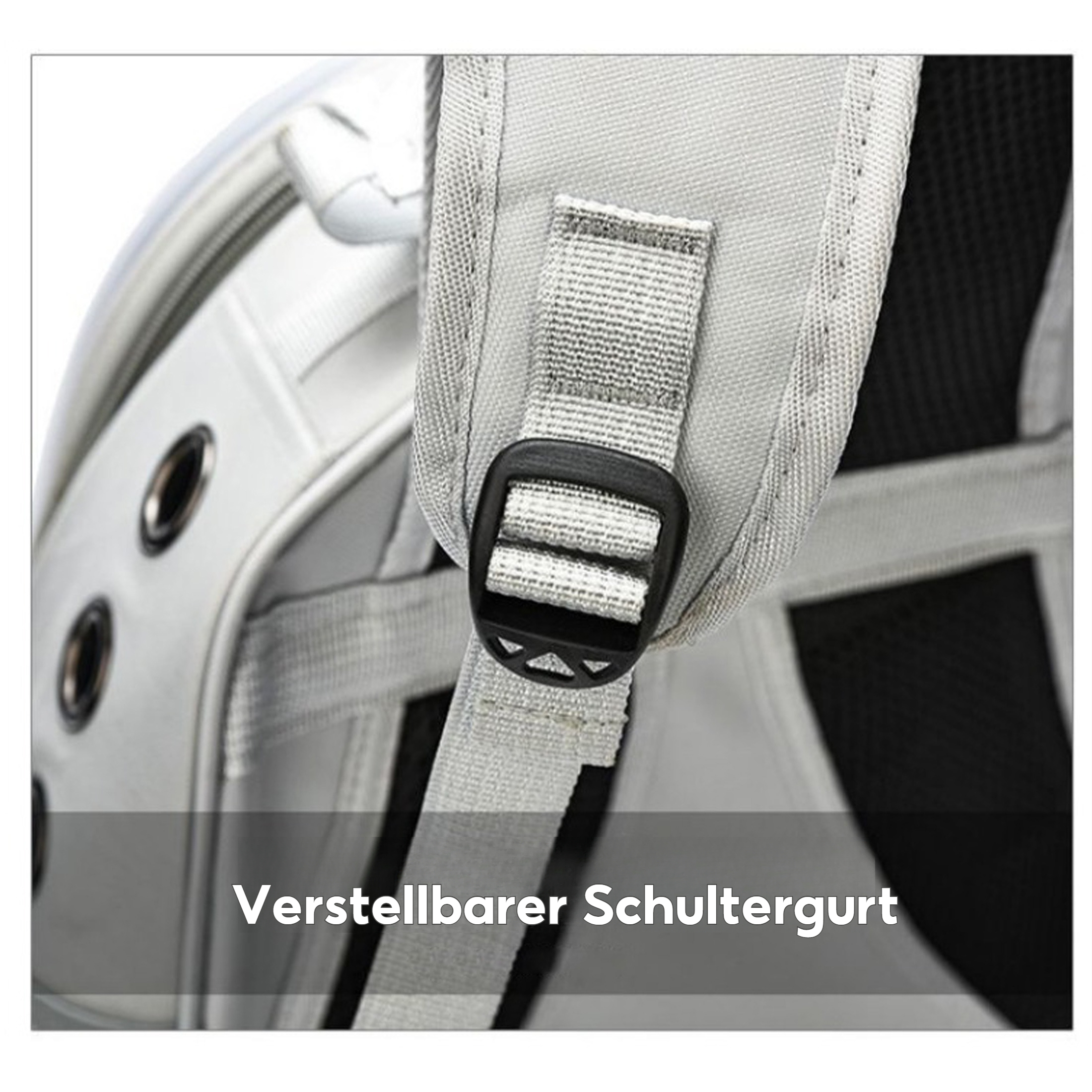 Nahaufnahme des Riemens und der Schnalle des Haustierrucksacks mit dem Text: Verstellbarer Schultergurt.