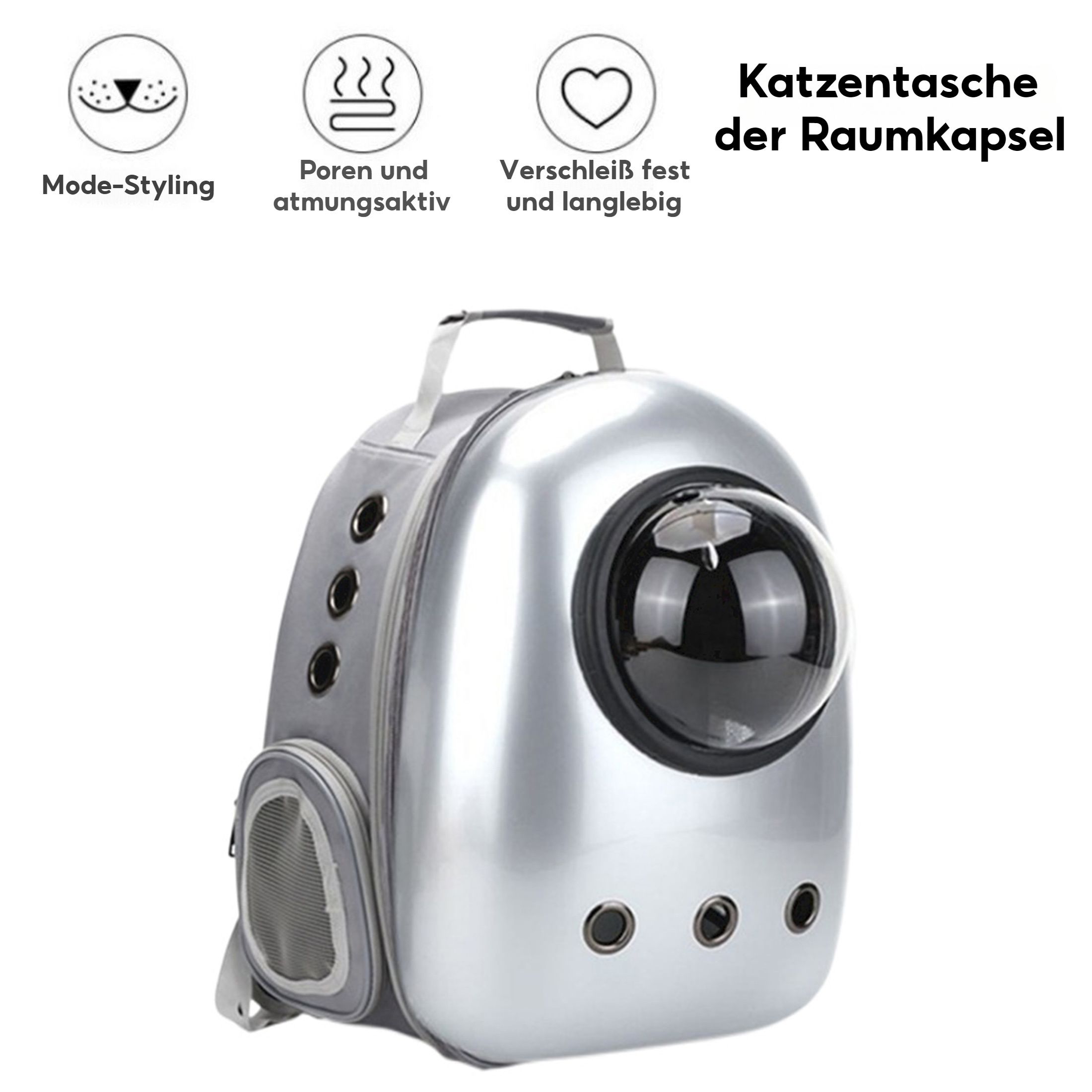 Katzenrucksack. Grau, kapselförmig mit klarer Kuppel. Symbole: Großer Raum, atmungsaktiv, leicht zu reisen, transparent.
