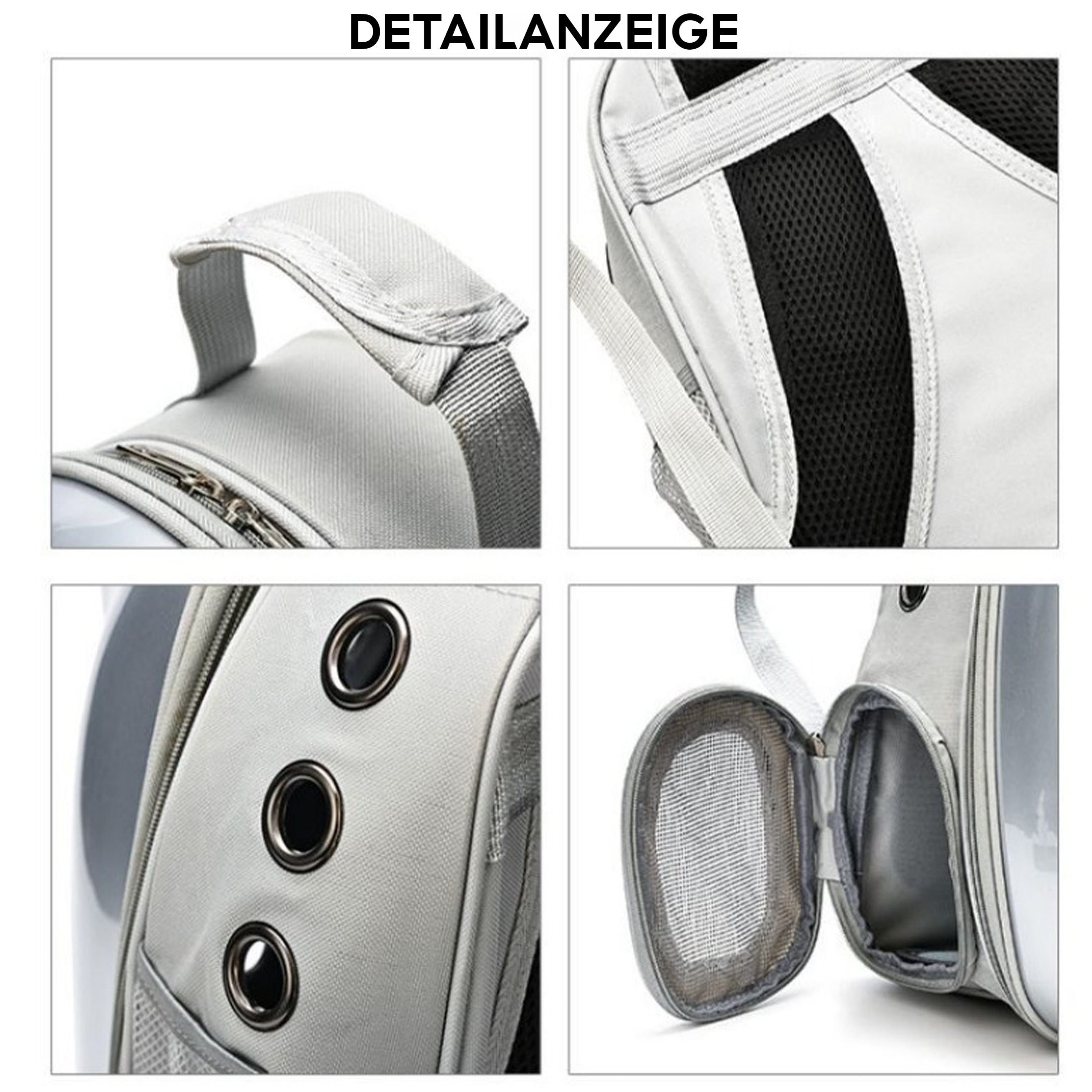 Detailaufnahmen des Haustierrucksacks, die den Griff, die Belüftung und die offene Netztür zeigen.