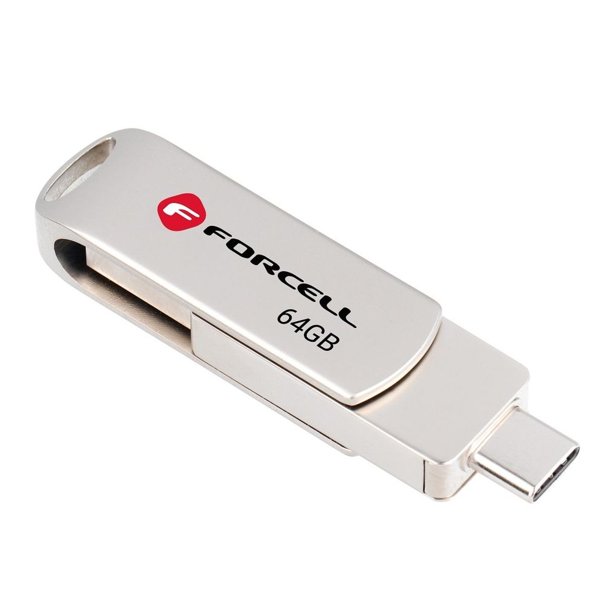 Silberner 64GB USB-Stick, schräg auf Weiß. Der Markenname und die Kapazität sind aufgedruckt.