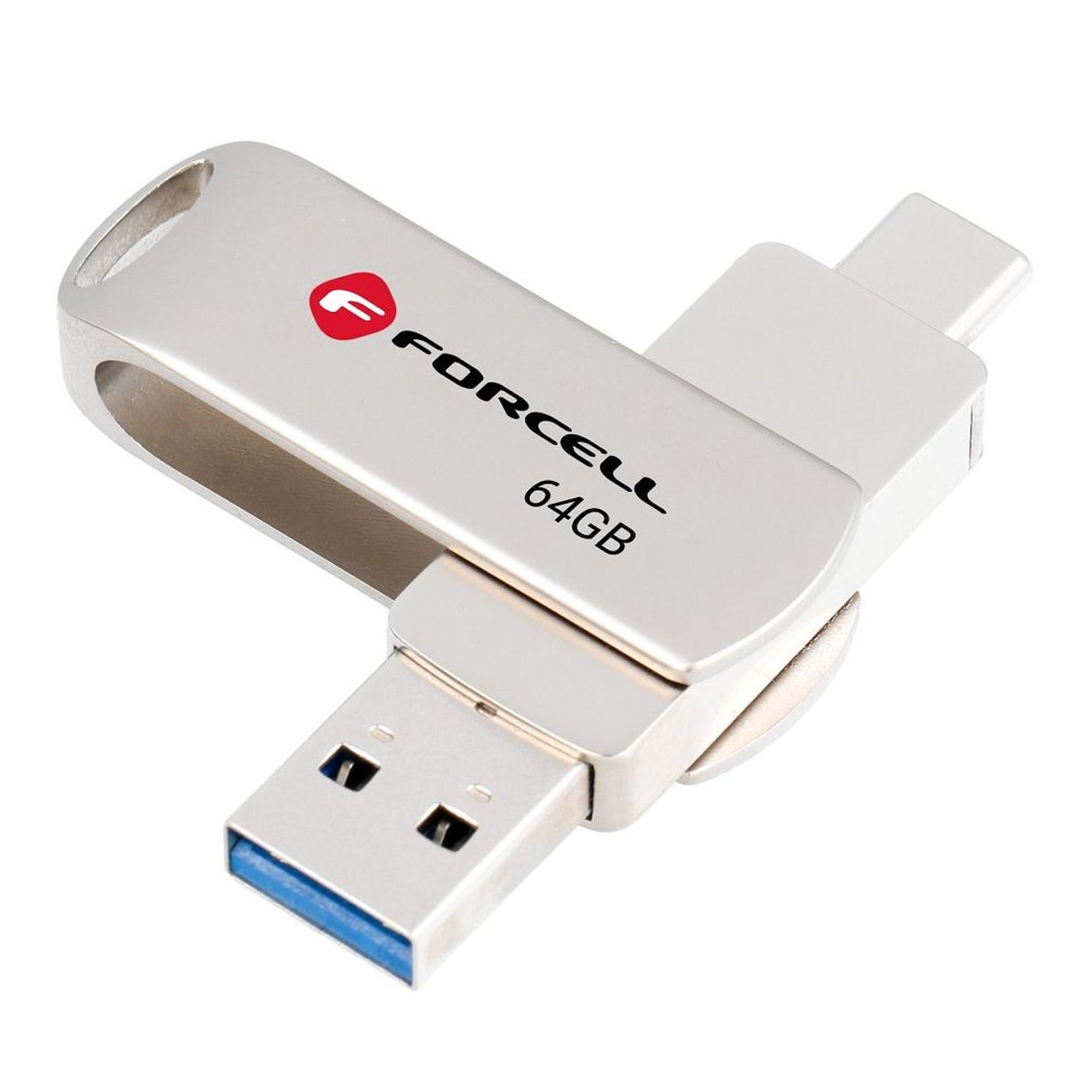 Silberner USB-Stick mit USB- und USB-C-Anschlüssen. Der Text 'FORCELL 64GB' ist sichtbar.