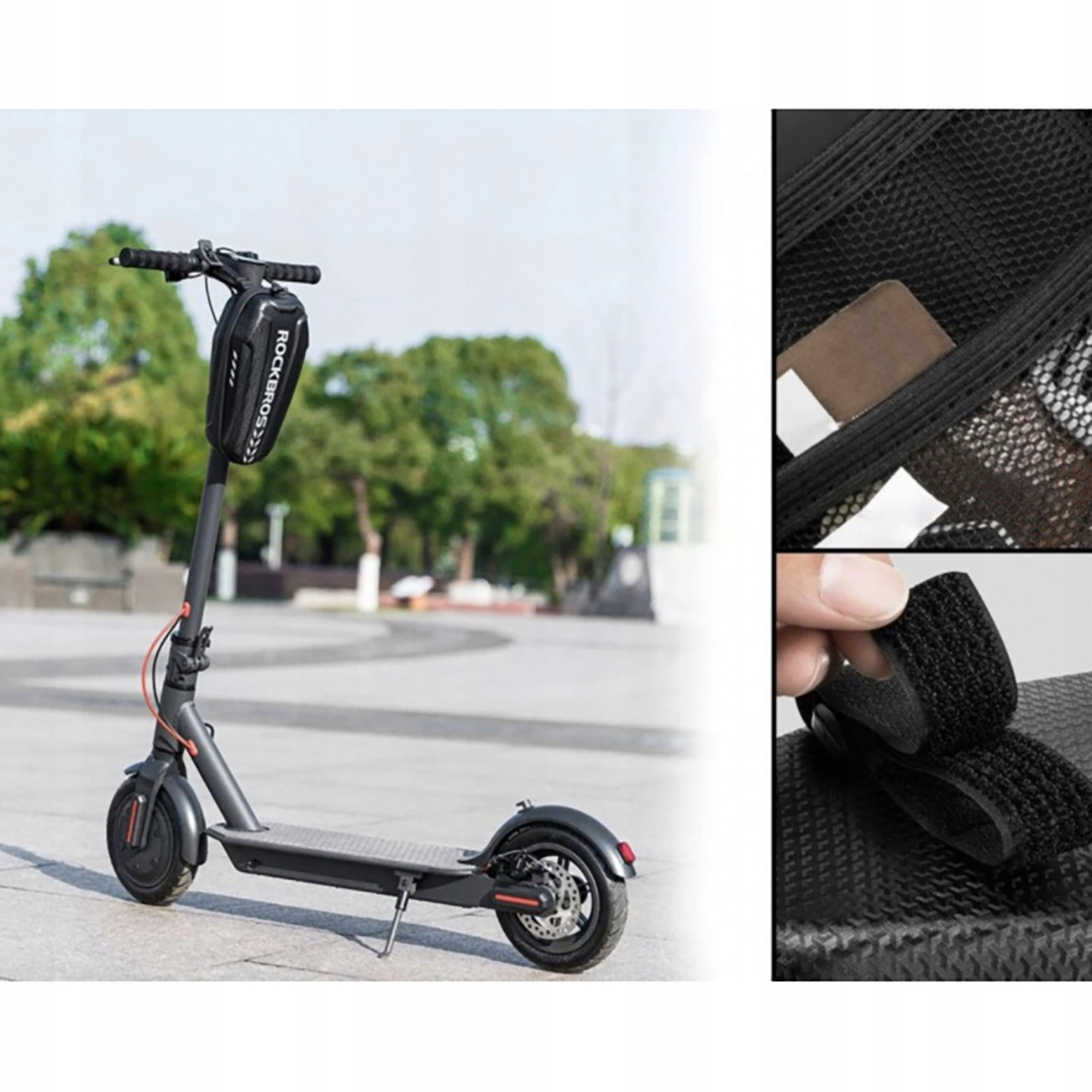 Czarna hulajnoga elektryczna z torbą na kierownicy. Części torby są ostre. Tłem jest rozmyty park.