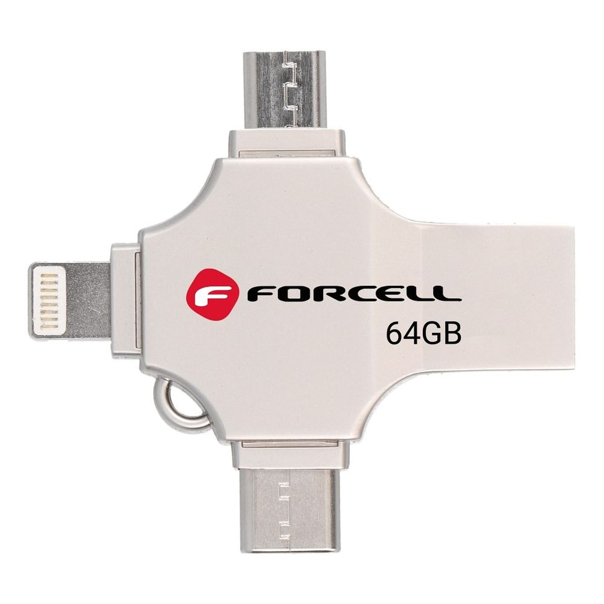 Silberner USB-Stick mit mehreren Anschlüssen. Er hat das Logo 'Forcell' und den Text '64GB'. Anschlüsse an jedem Ende.