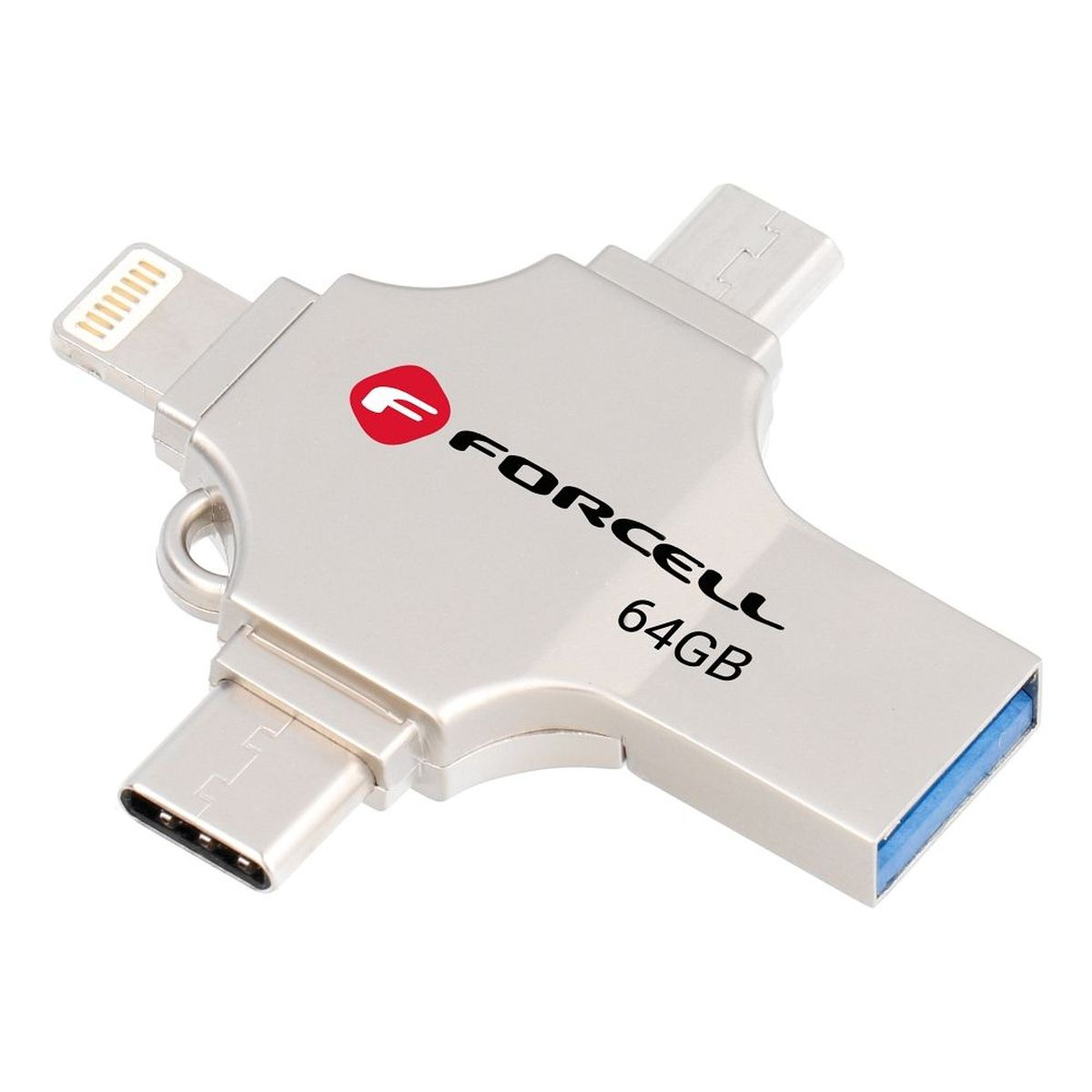Silberner USB-Stick mit vier verschiedenen Anschlüssen, Markenname und Kapazität.
