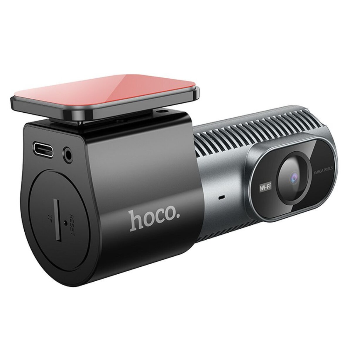Eine Dashcam mit rotem Klebepad und anderem Zubehör. Sie hat ein Wi-Fi-Symbol.
