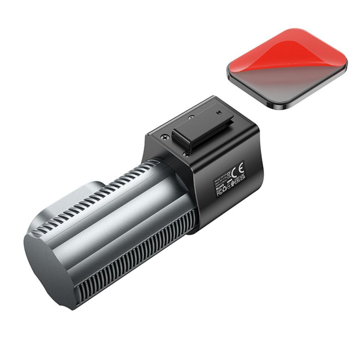 Eine schwarz-silberne Dashcam mit einem roten Klebepad. Die Dashcam hat ein geriffeltes Design.