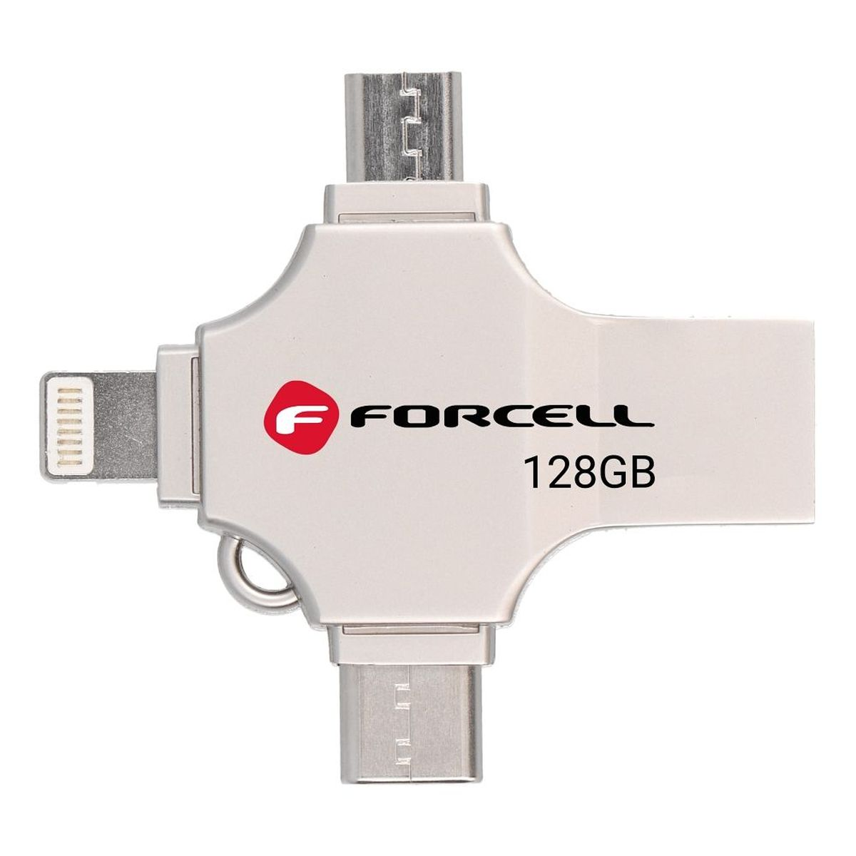 Un'unità flash Forcell argentata con più connettori e capacità di 128 GB, su sfondo bianco.
