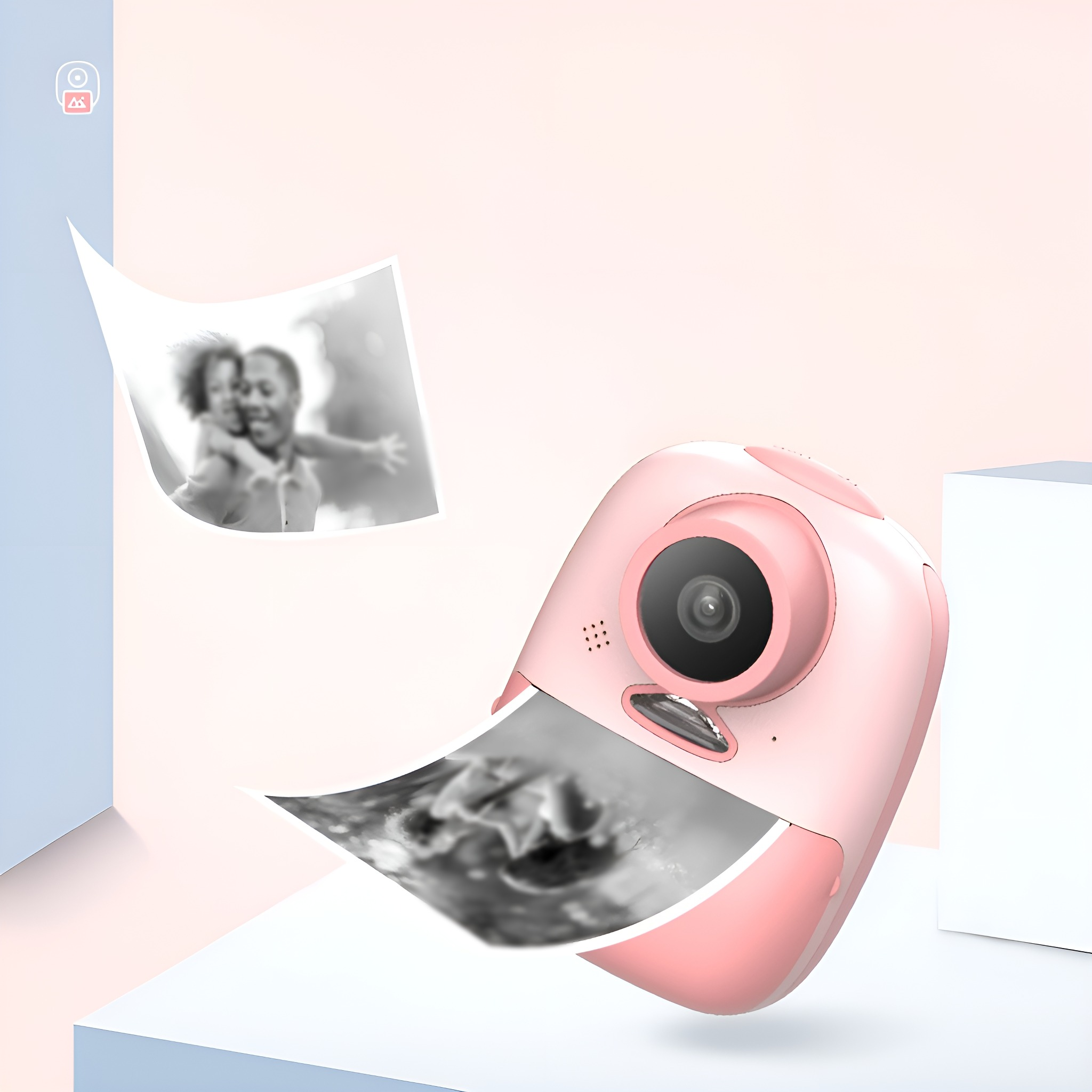 Eine rosa Sofortbildkamera, die ein Schwarzweißfoto druckt. Ein weiteres Foto schwebt darüber.