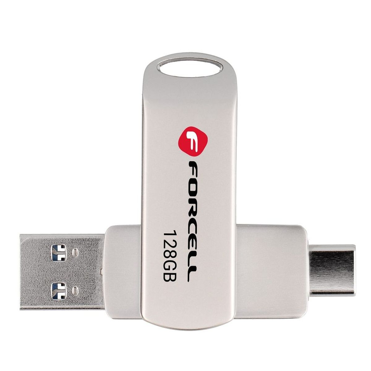 Ein silberner USB-Stick mit USB-A- und USB-C-Anschluss. Er hat das Forcell-Logo und ist mit 128 GB beschriftet.