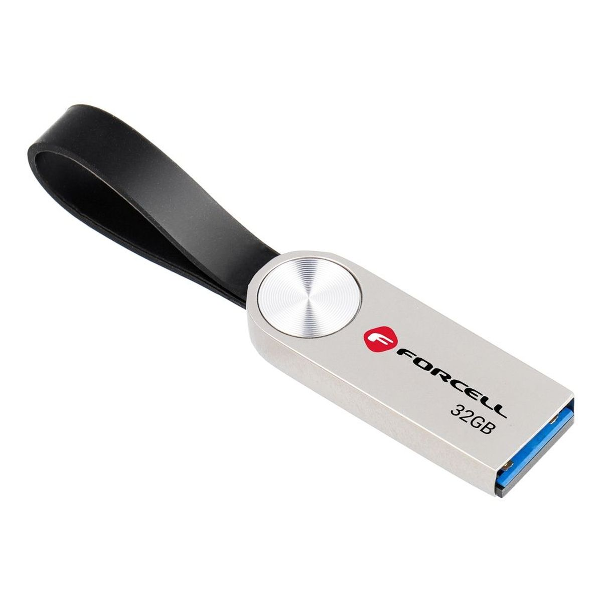 Ein silberner USB-Stick mit schwarzem Riemen und dem Logo 'FORCELL 32GB'. Es hat einen blauen USB-Anschluss.