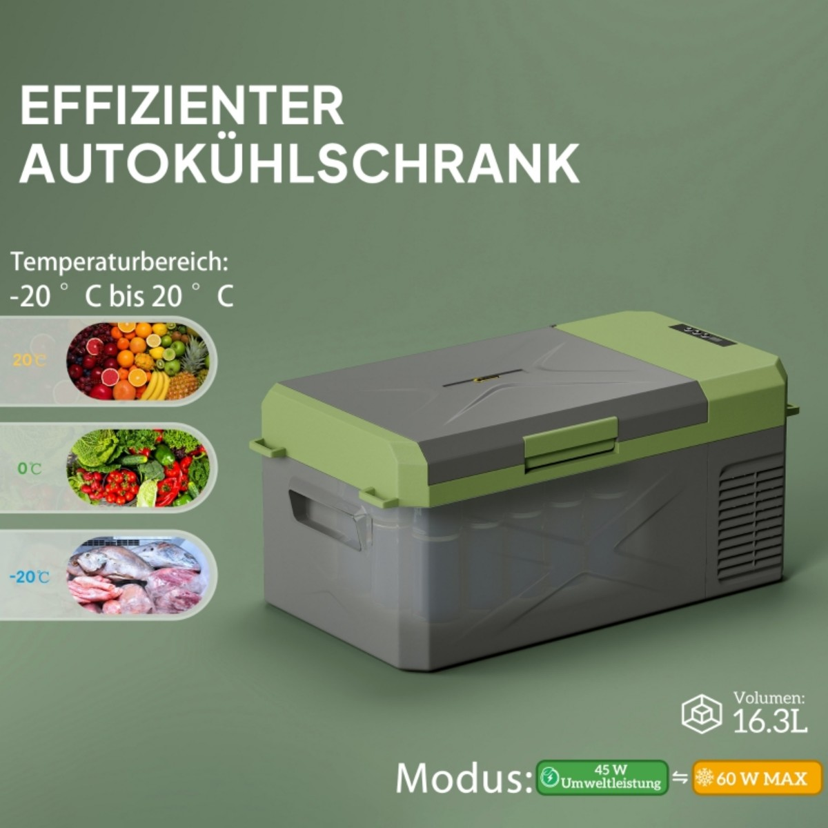 Bild zeigt einen Kühler. Text oben: 'Effizienter Autokühlschrank'. Temperaturdiagramm.