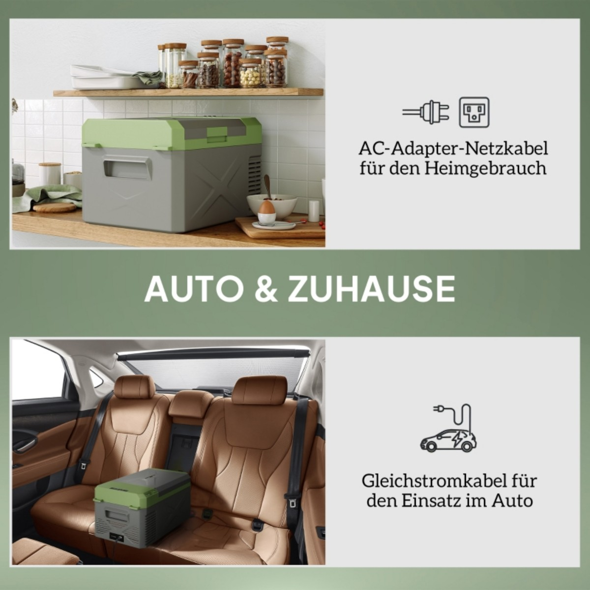 Bild zeigt Kühler. Oben: Küche. Unten: Kühler im Auto. Text-Overlay: 'Auto & Zuhause'.