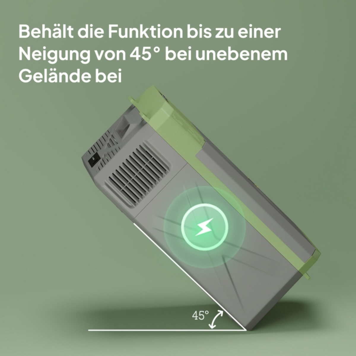 Der Kühler in einem 45-Grad-Winkel geneigt. Text: Funktioniert bis zu diesem Winkel auf unebenem Gelände.