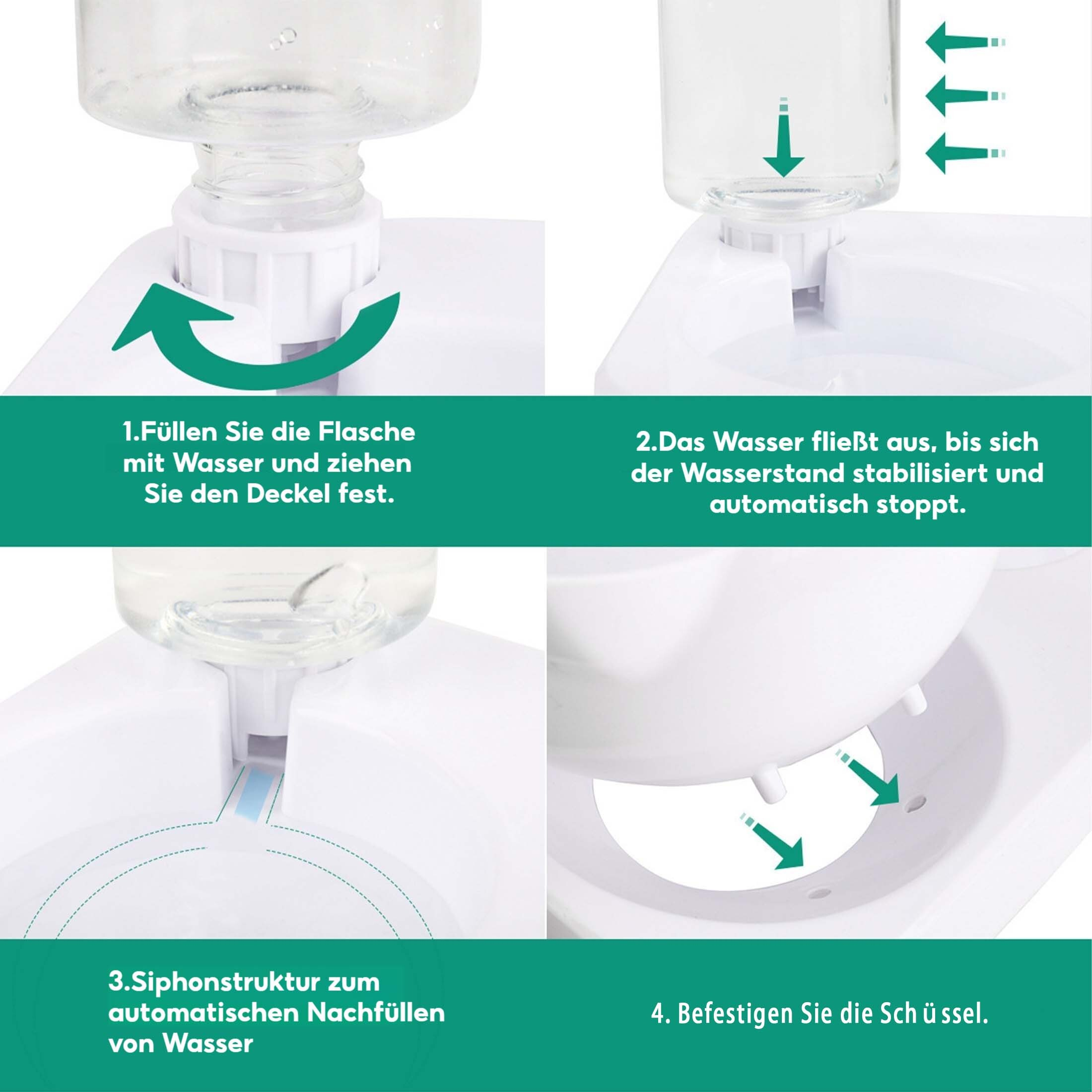 Diagramm, das das Befüllen eines Haustier-Wasserspenders zeigt. Enthält Nahaufnahmen und Pfeile zur Anleitung.