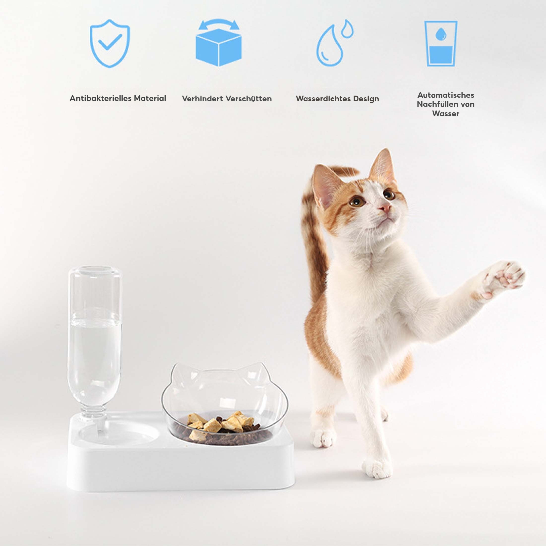 Eine Katze, die sich nach einem Wasser- und Futternapf-Set ausstreckt. Symbole zeigen Funktionen wie antibakteriell und automatische Wasserauffüllung.
