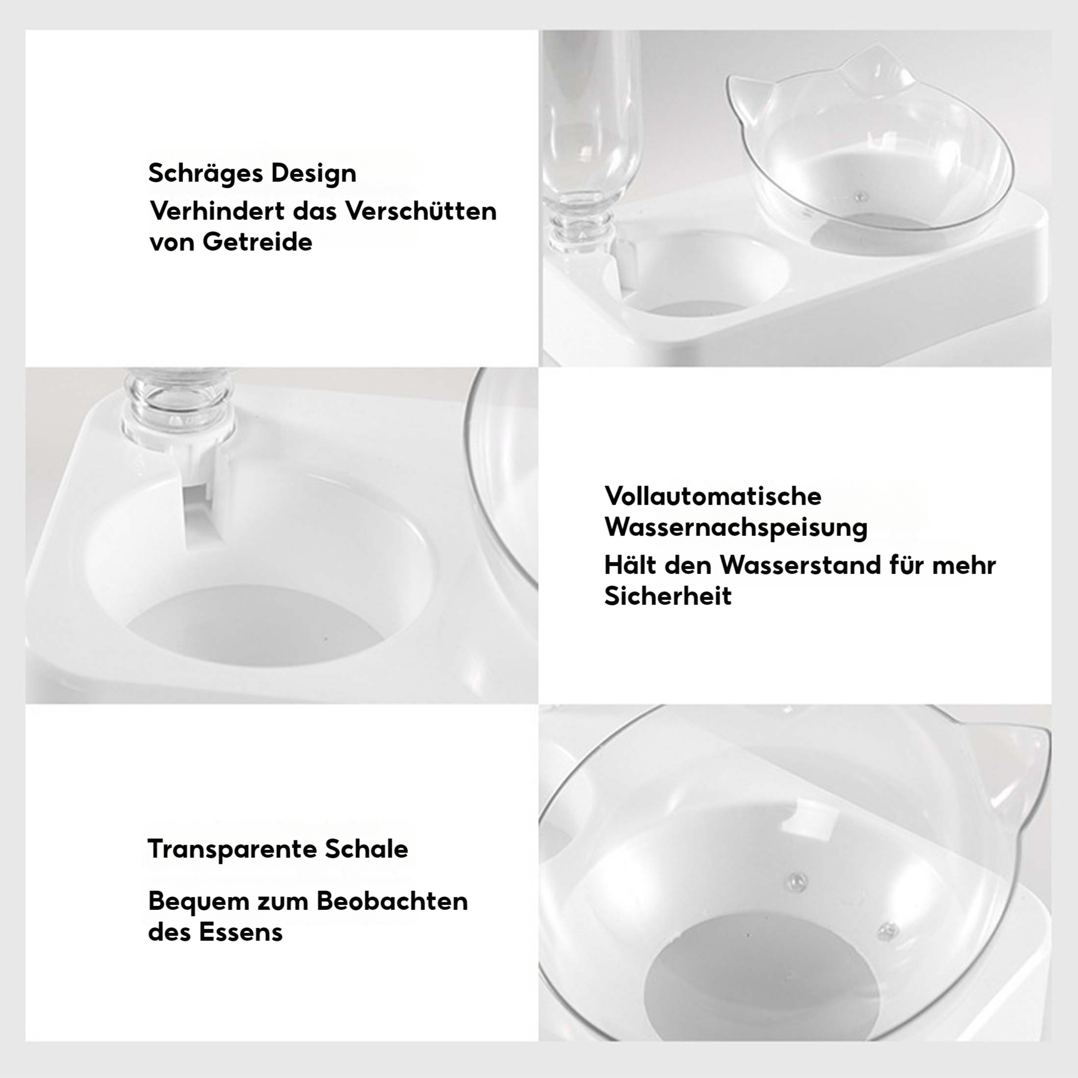 Nahaufnahmen einer Katzenfutter- und Wasserstation, einschließlich abgeschrägtem Design, klarer Schüssel und Wasserstandskontrolle.