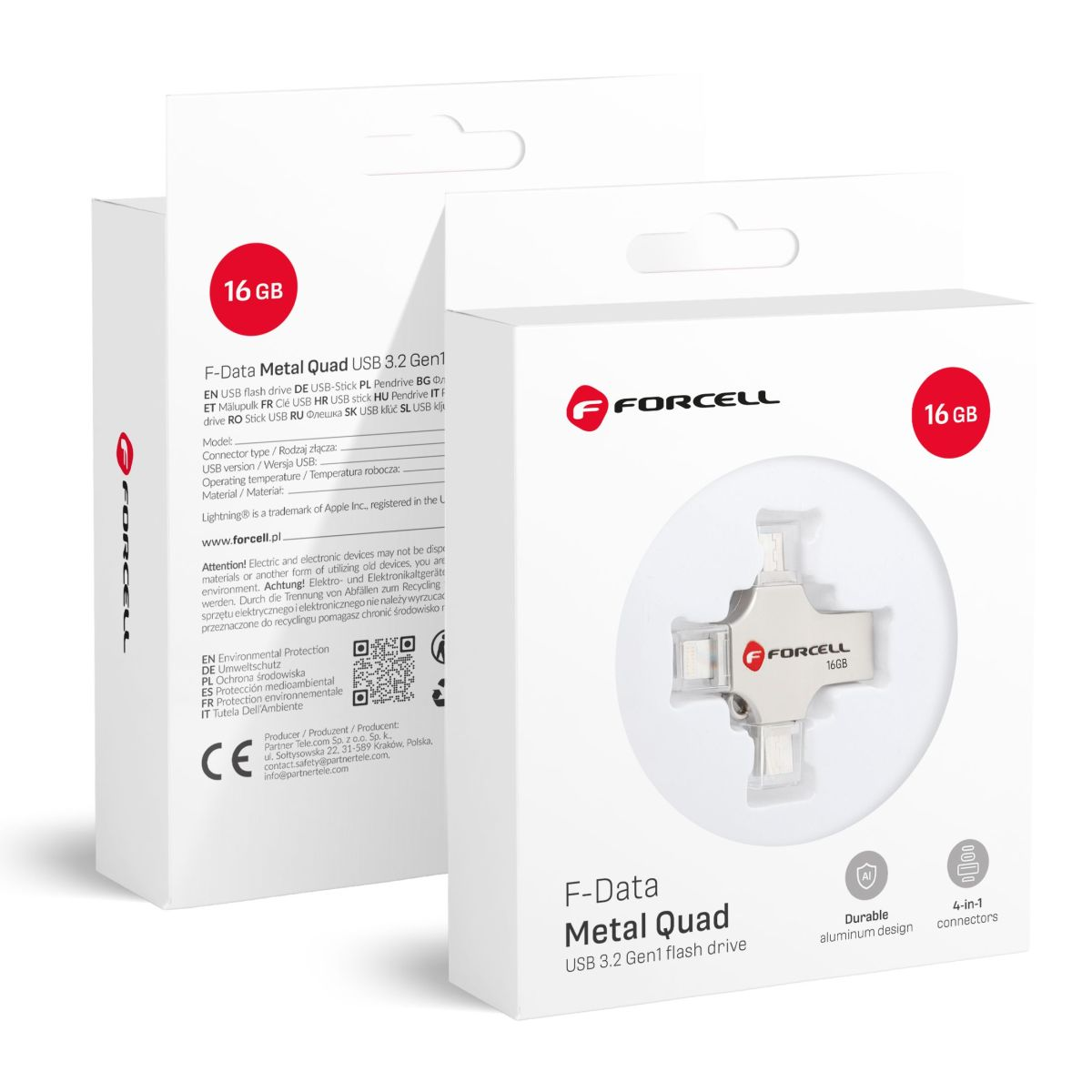 Una confezione di chiavetta USB bianca e argentata con sfondo bianco e nero. Ha un logo rosso e un'etichetta da 16 GB.