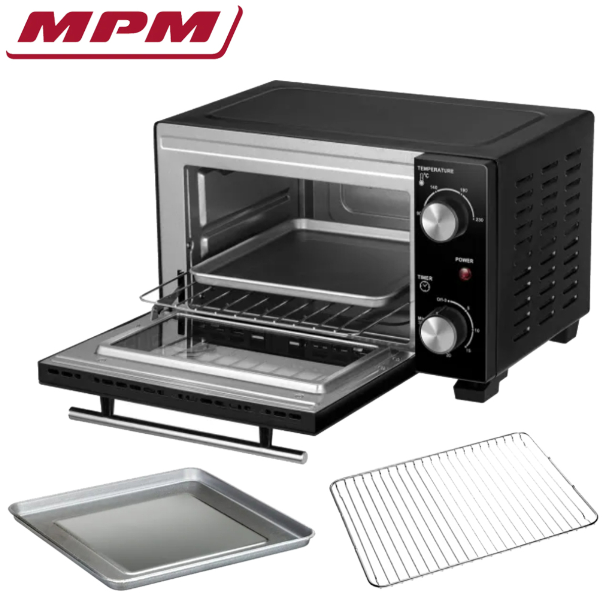 Schwarz-silberner MPM-Mini-Backofen mit offener Tür und Zubehör. Er hat Temperatur- und Timer-Regler.