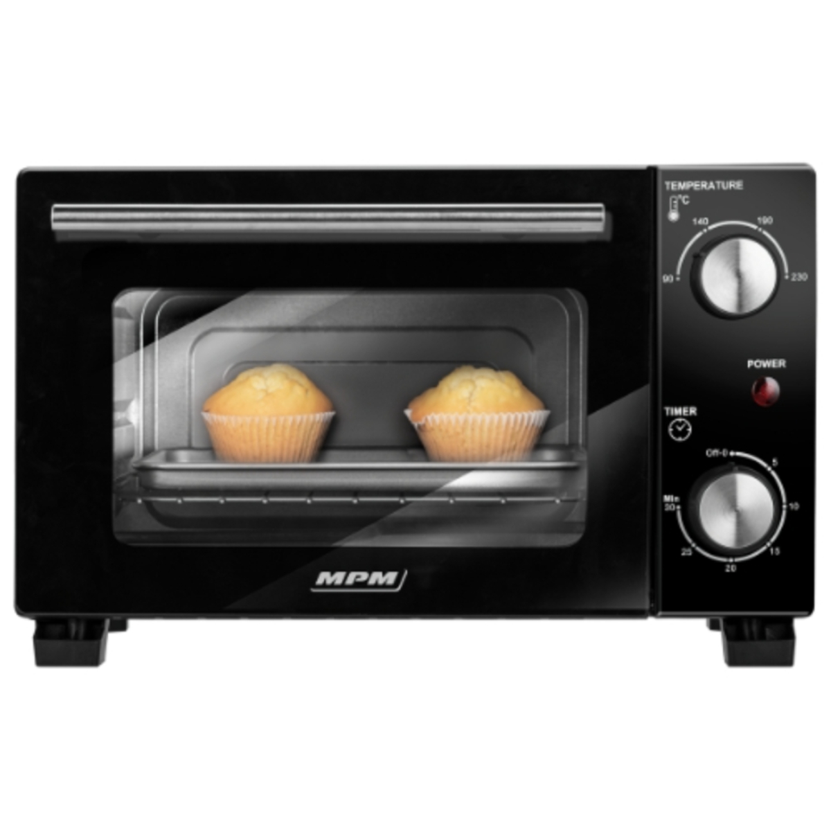 Schwarzer Ofen mit zwei Cupcakes im Inneren. Die Tür ist geschlossen, mit Bedienknöpfen auf der rechten Seite.