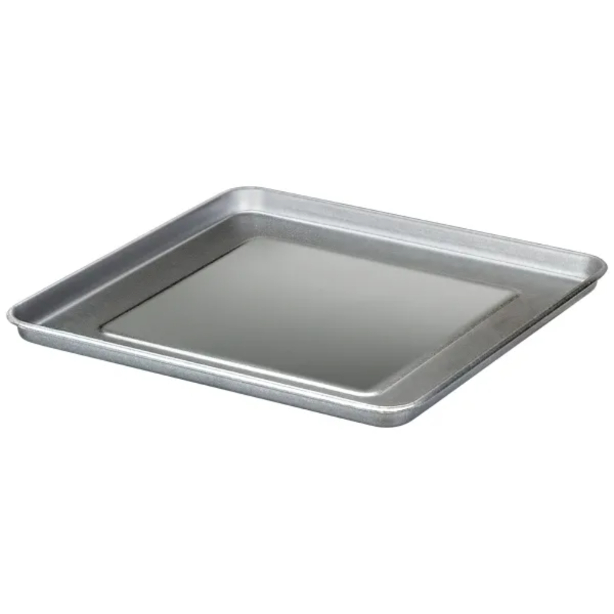 Silbernes Backblech, rechteckige Form mit leicht erhöhten Kanten, ideal für den Backofen, isoliert auf Weiß.