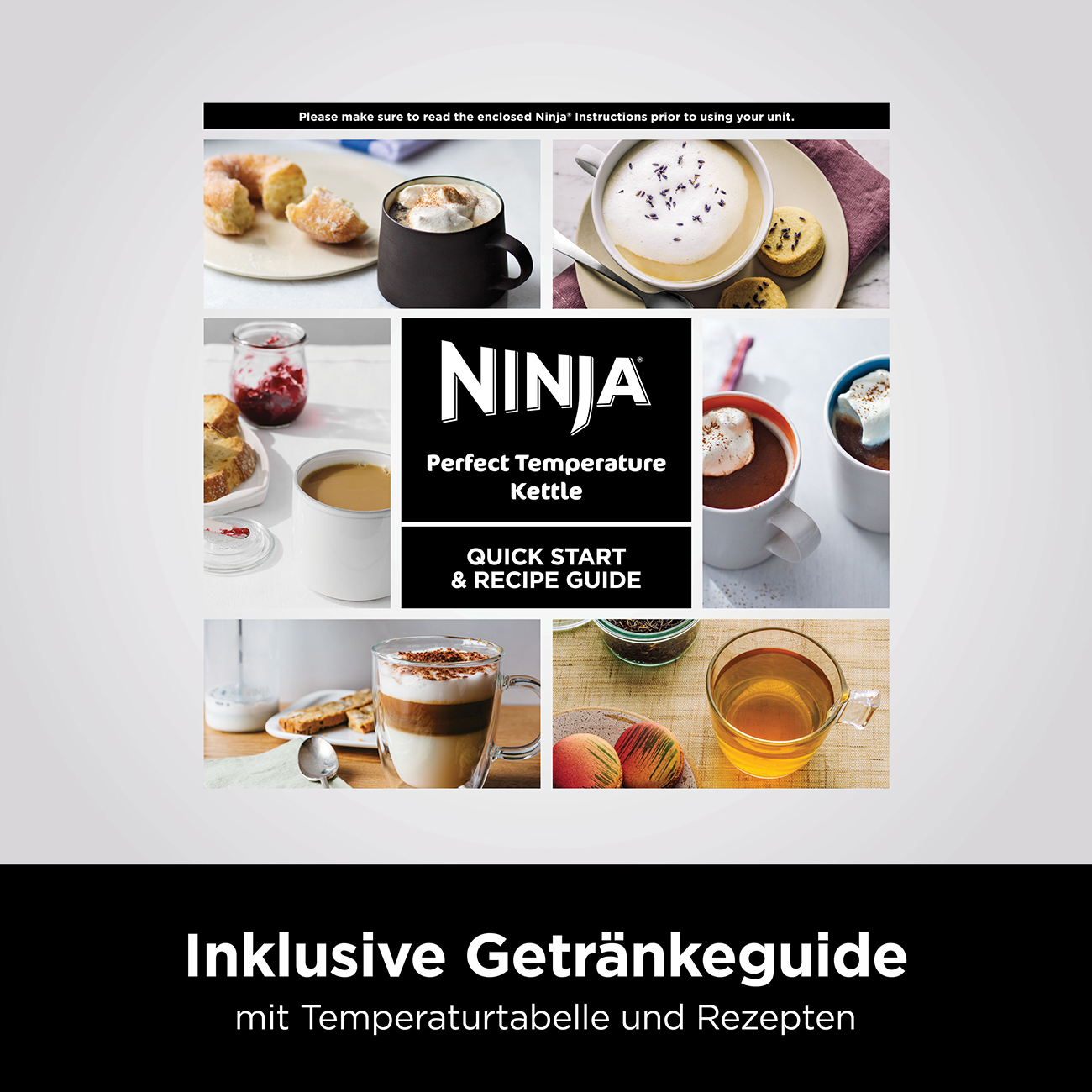 Una guida con immagini e ricette di bevande, caffè e tè, con un bollitore Ninja.