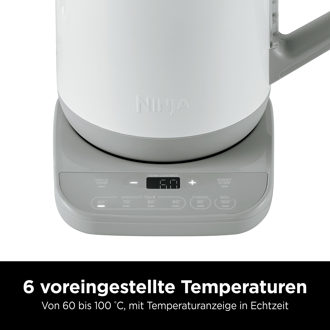 Primo piano della base di un bollitore Ninja. Impostazioni di controllo della temperatura visibili. Bianco e grigio.
