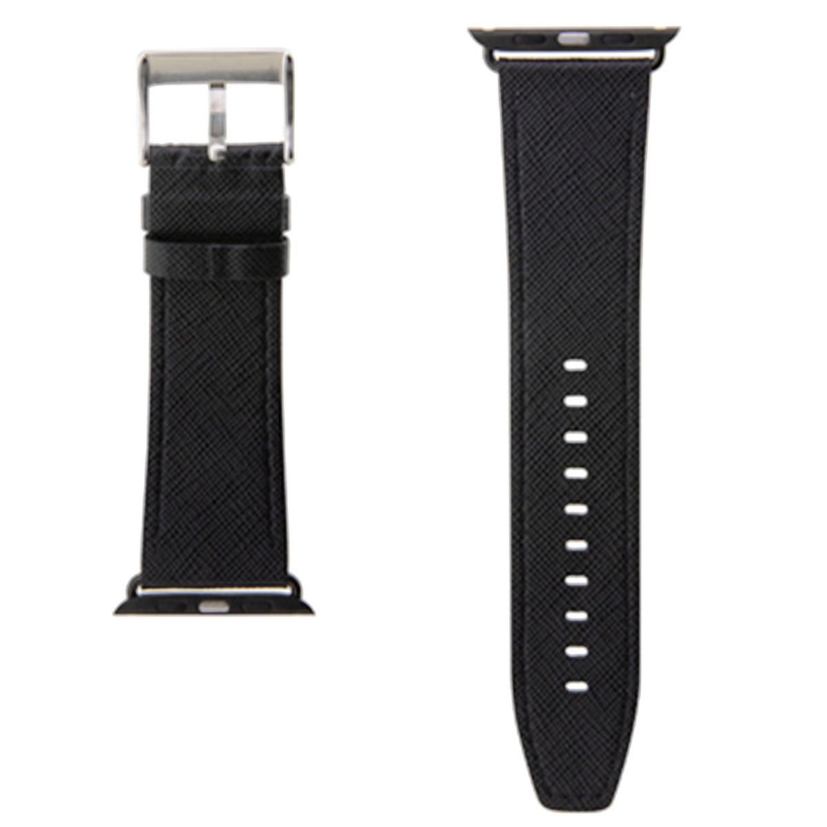 Dos correas de reloj negras con hebillas plateadas. Una tiene agujeros y la otra una hebilla.