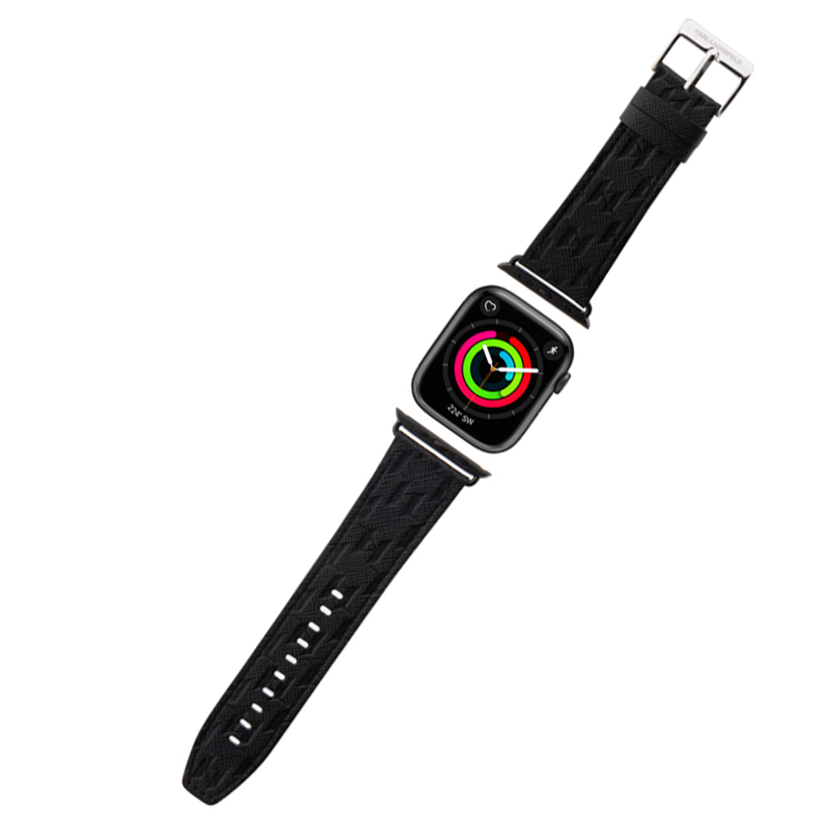 Apple Watch negra con correa negra, en ángulo. Pantalla muestra un anillo de actividad colorido.