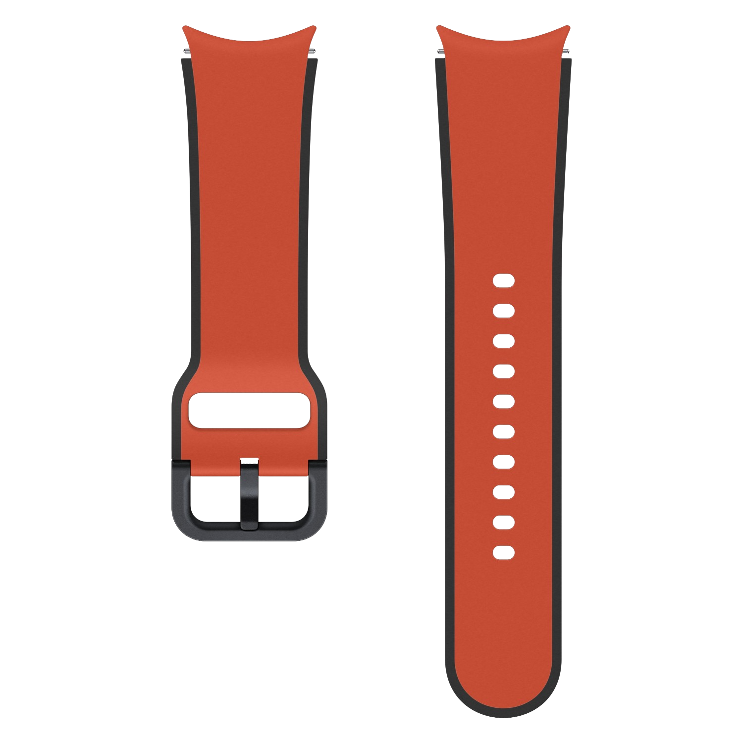 Due cinturini arancioni per smartwatch. Bordi e fibbie neri visibili. Sfondo nero.