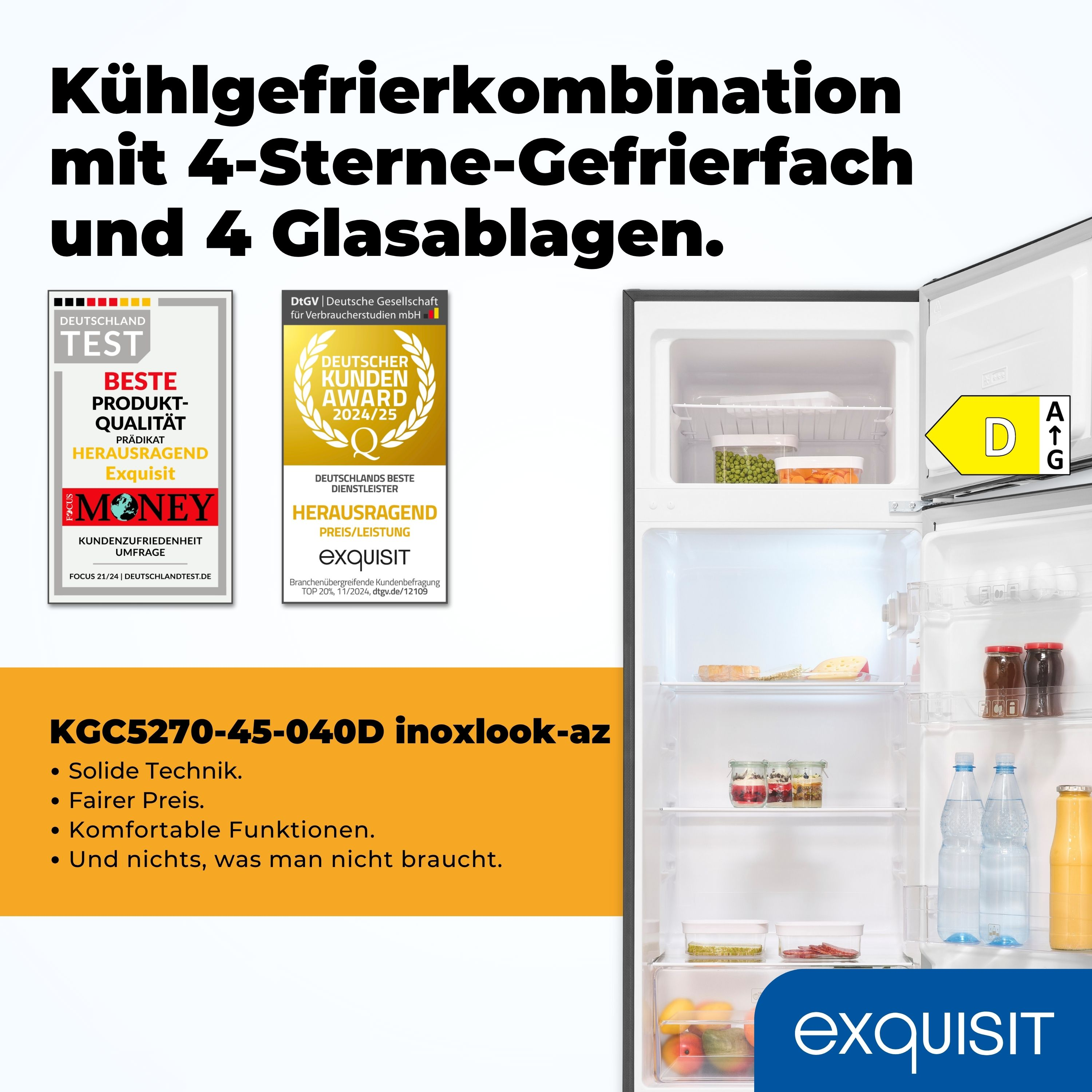 Ein Kühlschrank mit Text und Auszeichnungen links. Im Inneren befinden sich Lebensmittel auf Regalen.