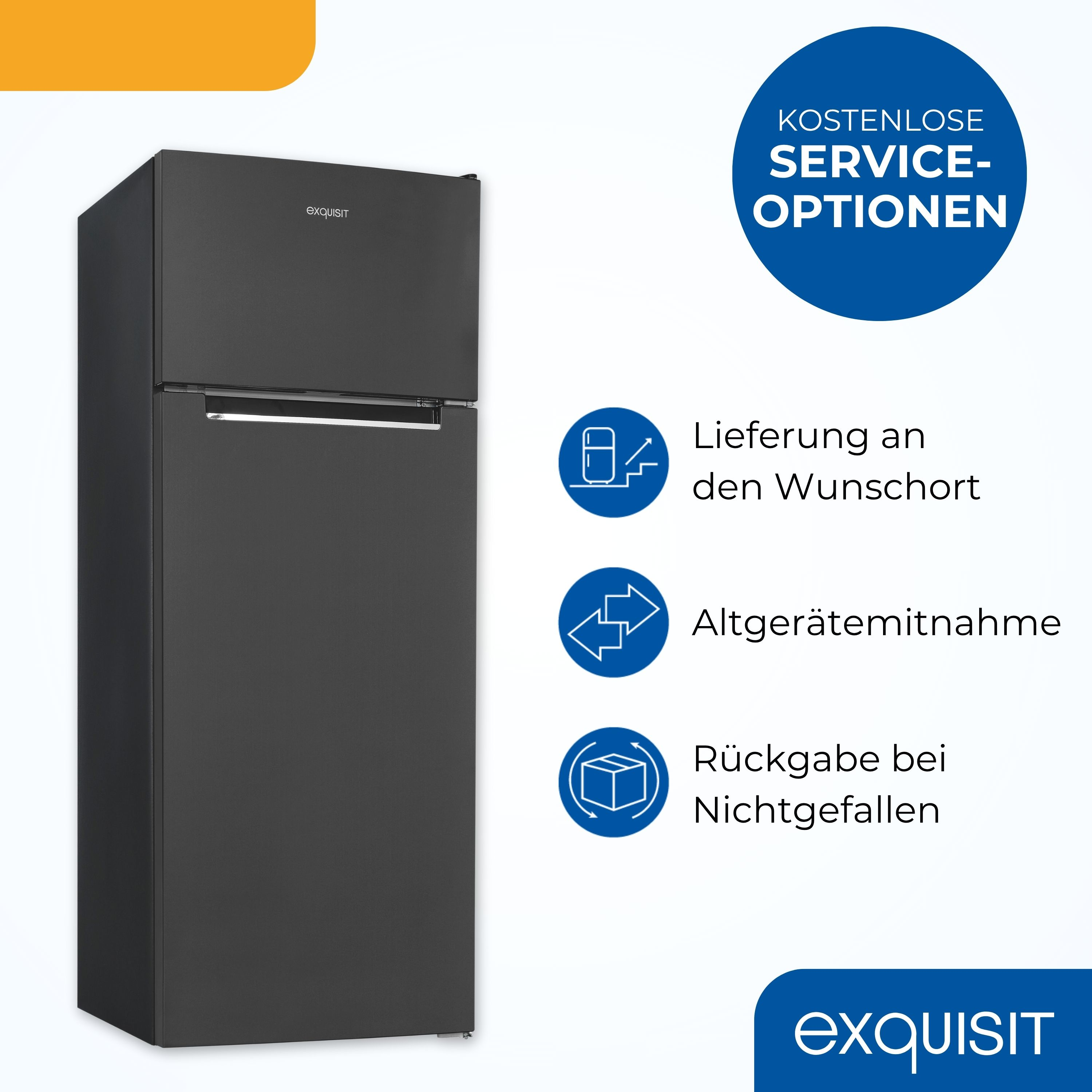 Ein schwarzer Kühlschrank mit einer Werbegrafik, die Serviceoptionen zeigt, auf weißem Hintergrund.