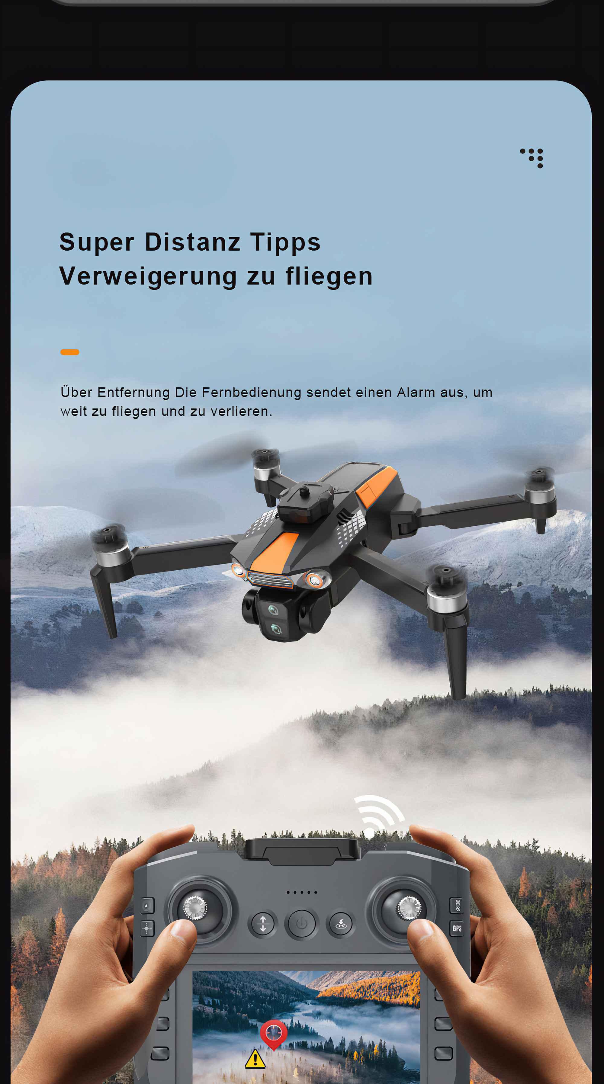 Eine Drohne mit Fernbedienung im Vordergrund, eine Warnmeldung und ein landschaftlicher Hintergrund.