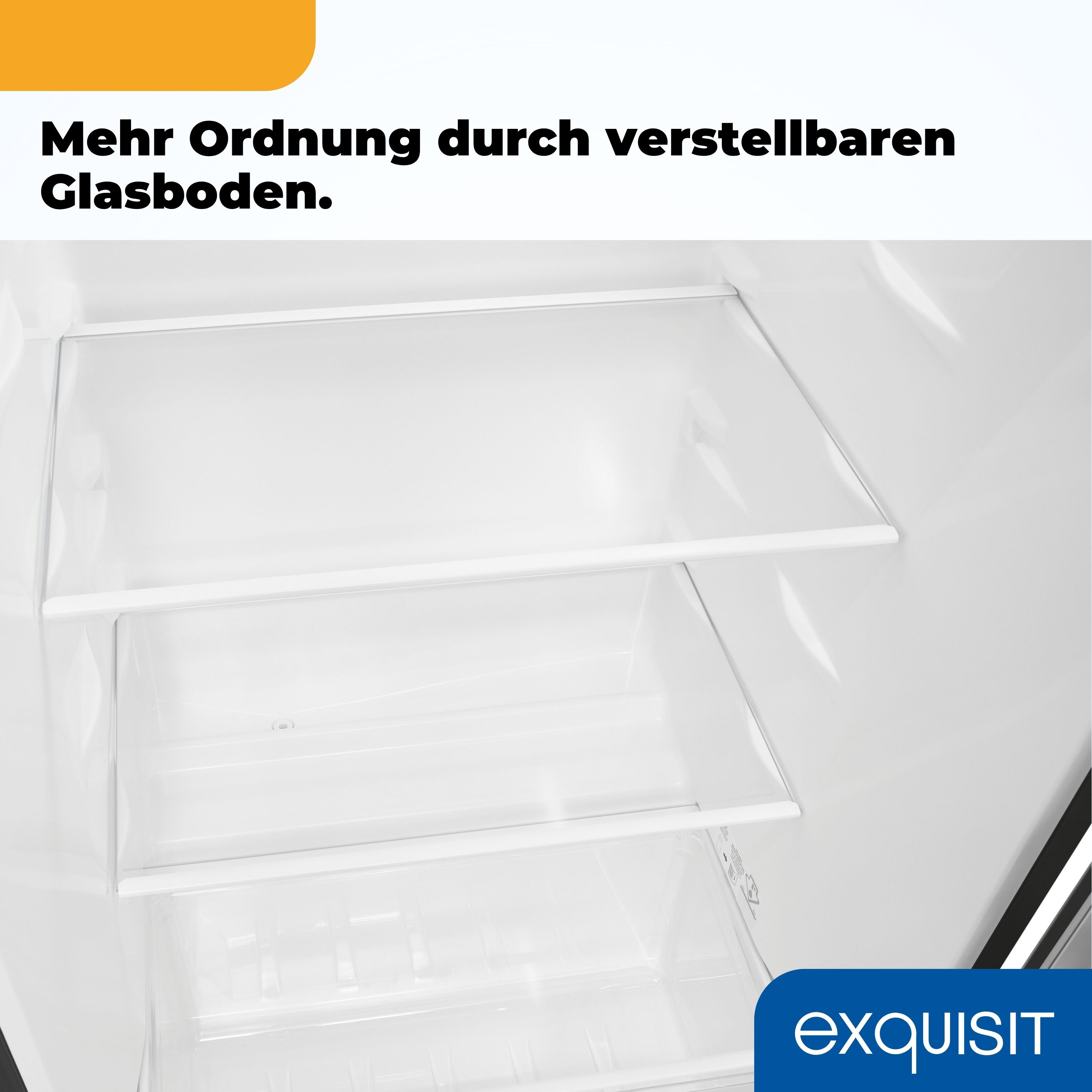 Weißer Kühlschrankinnenraum mit Glasböden und einer Schublade.