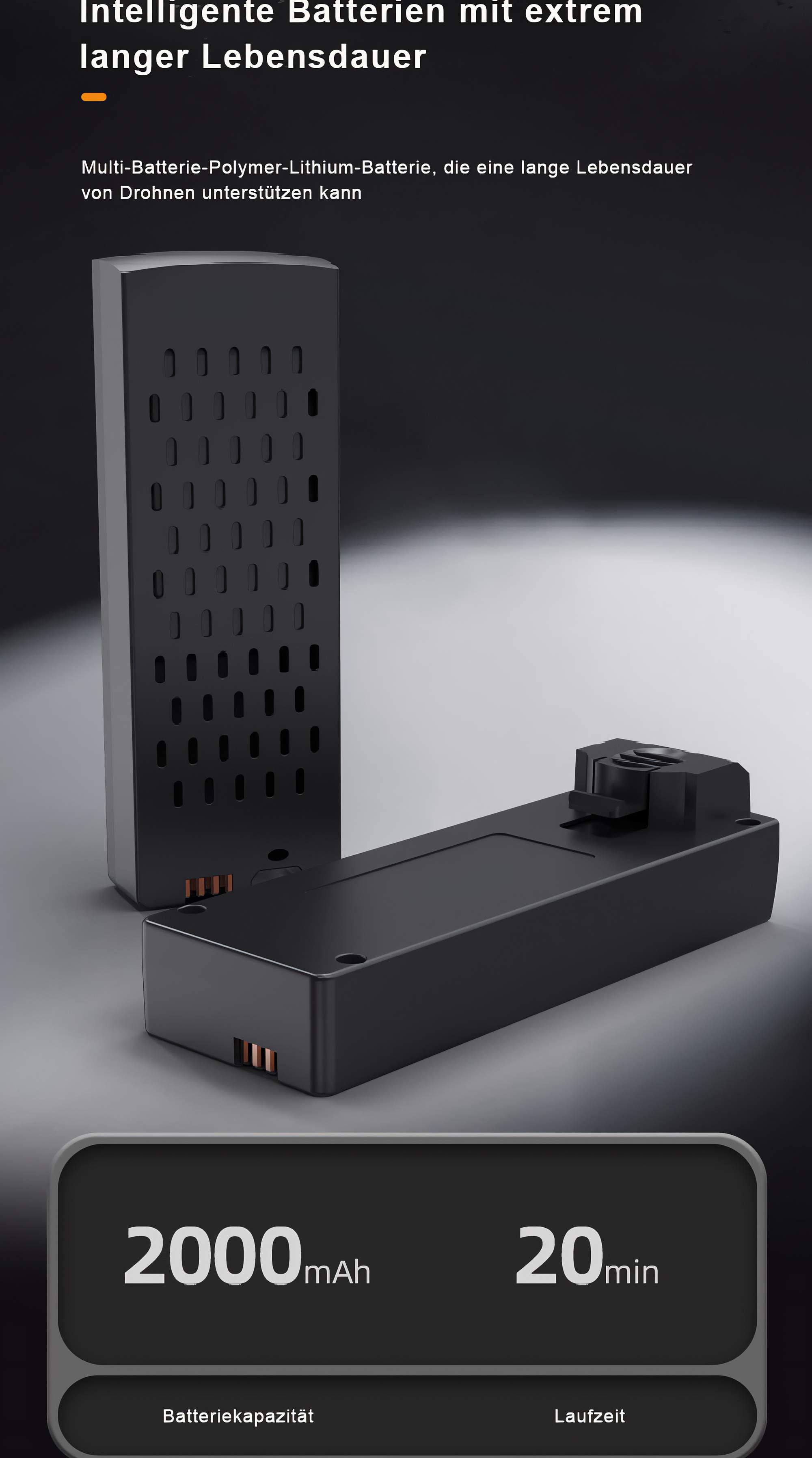 Zwei Drohnenbatterien mit Text: 2000 mAh und 20 Min.