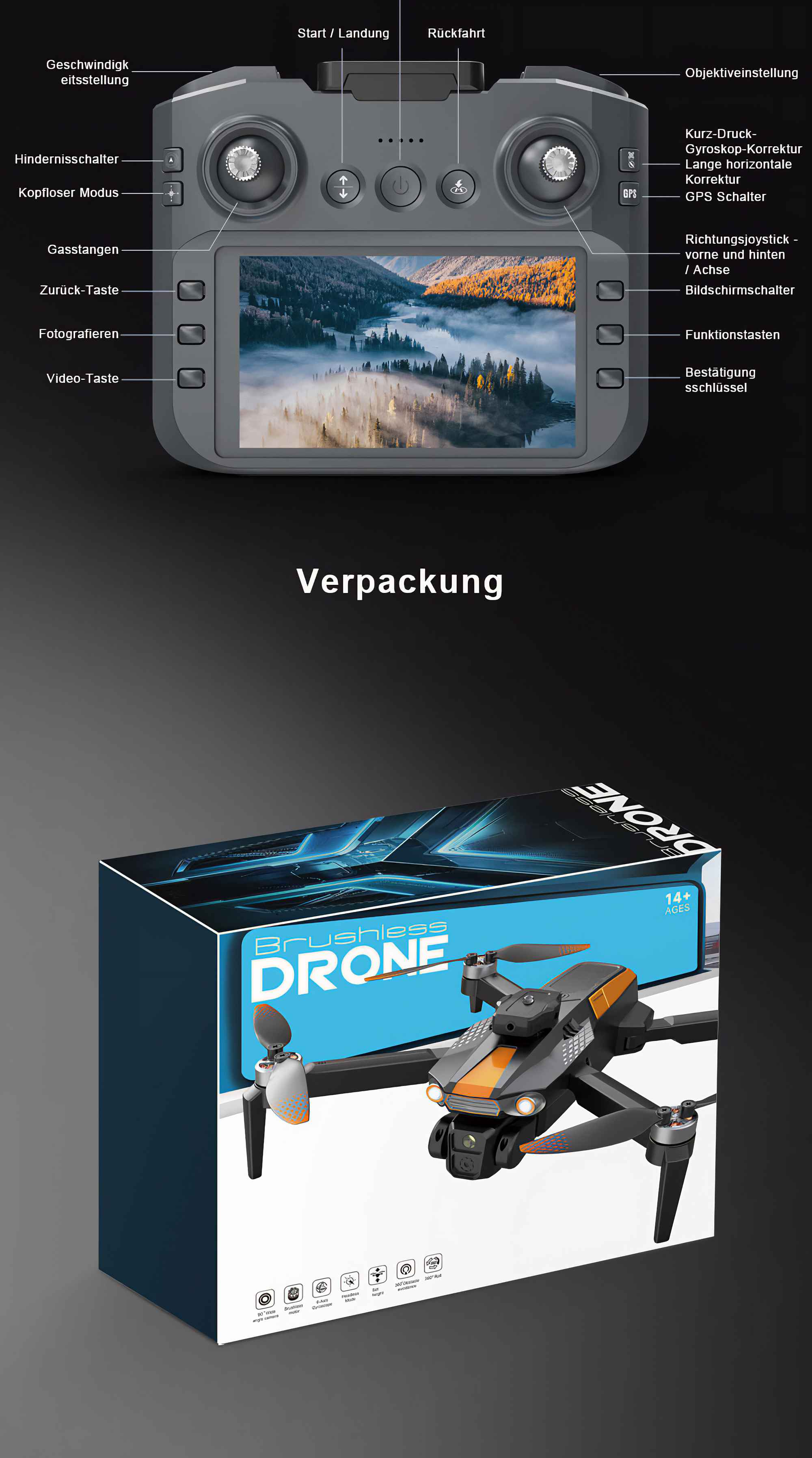 Drohnen-Fernbedienung und Drohnenverpackung.
