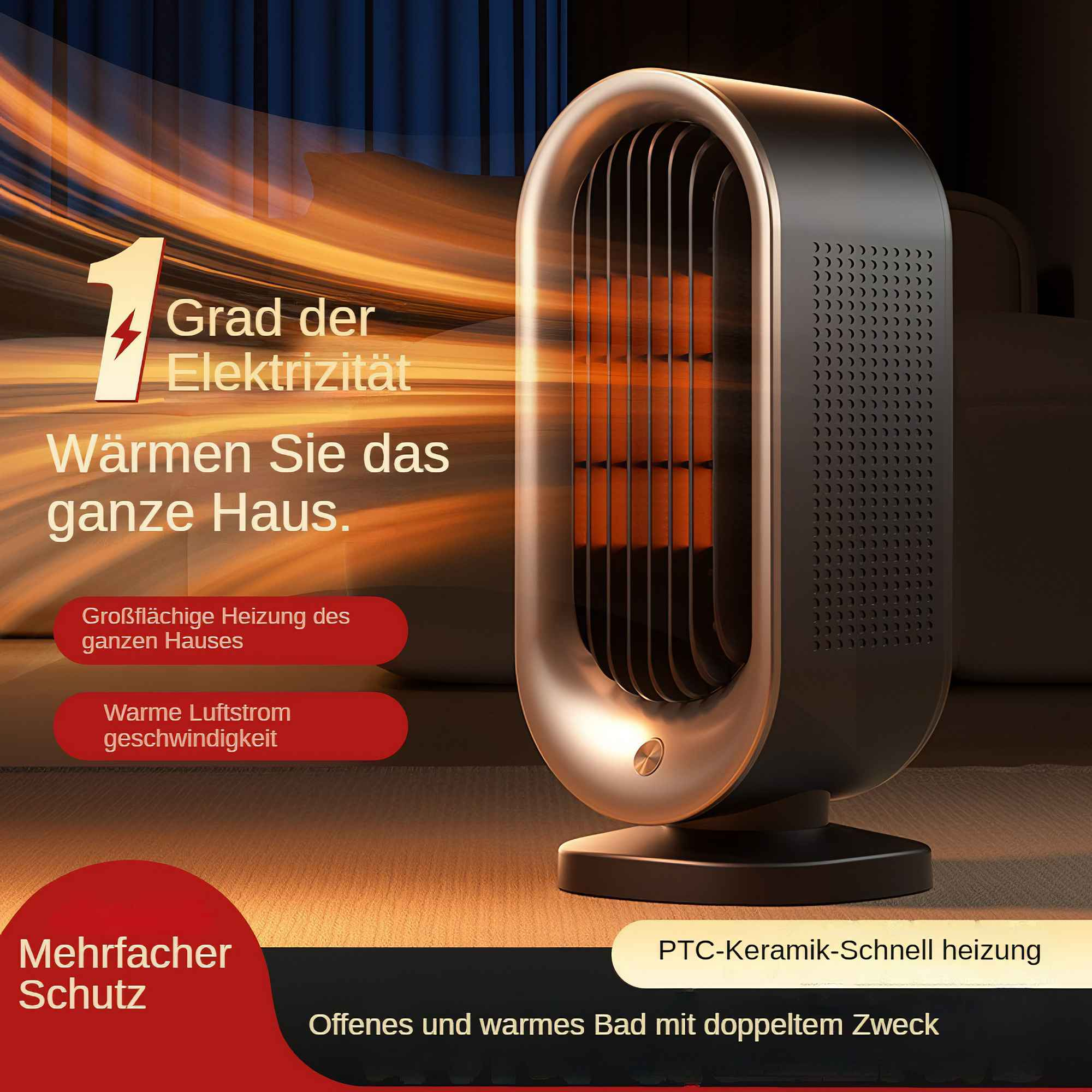 Ein schwarzer und bronzefarbener Heizlüfter mit orangen Heizelementen.