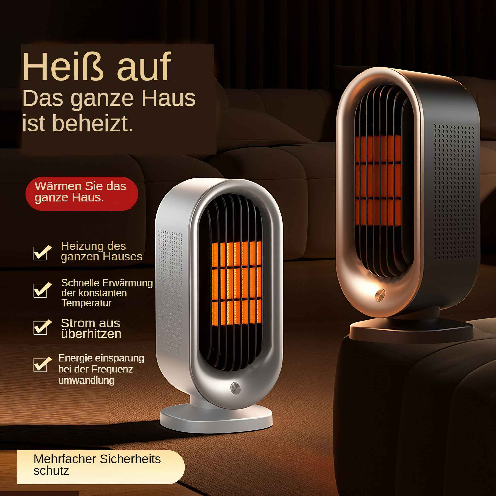 Ein schwarzer und bronzefarbener Heizlüfter mit orangen Heizelementen.