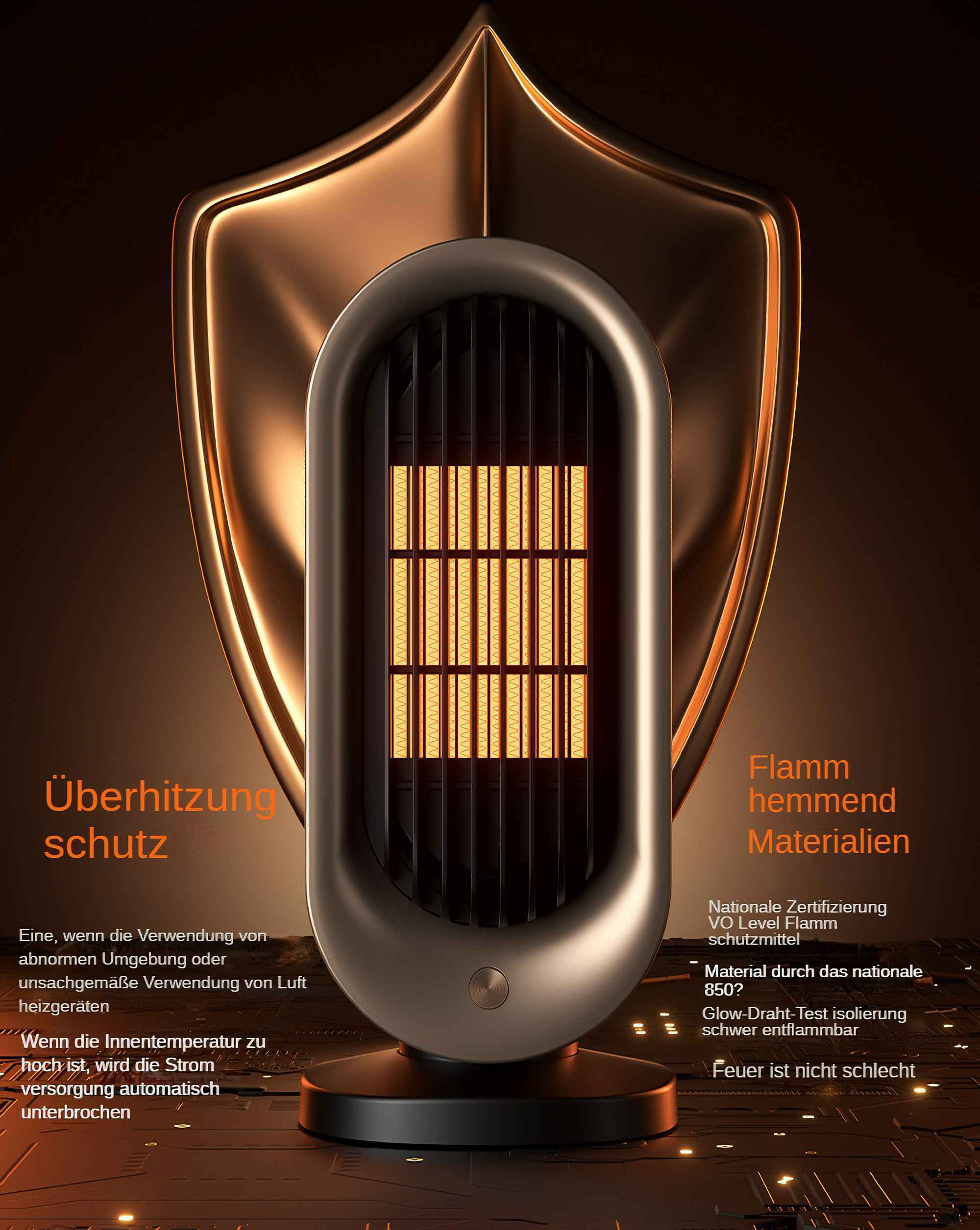 Ein schwarz-brauner Elektroheizer mit deutschem Text. Der Hintergrund ist ein goldener Schild.