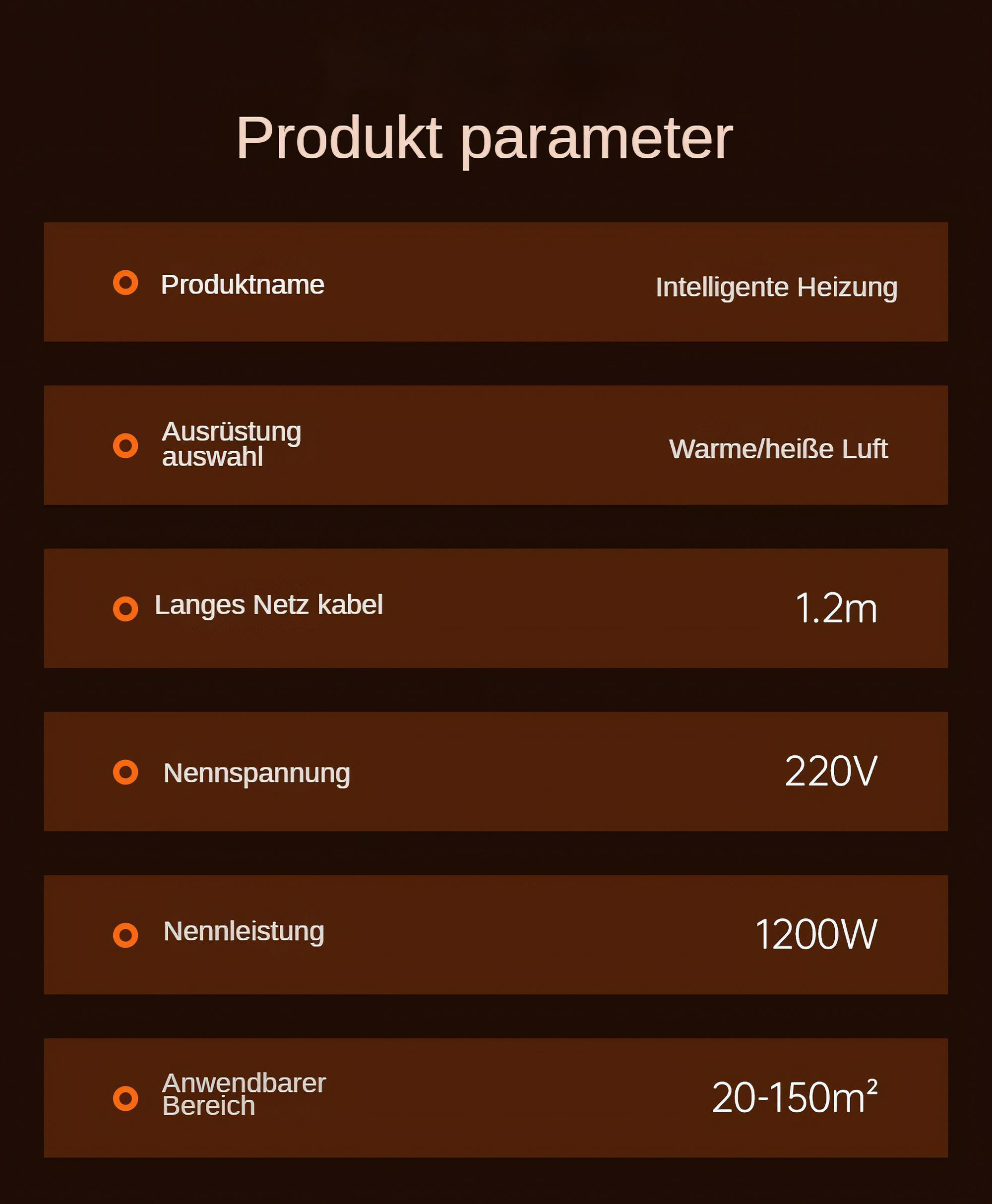 Eine Tabelle mit Produktparametern, einschließlich Spannung und Leistung.