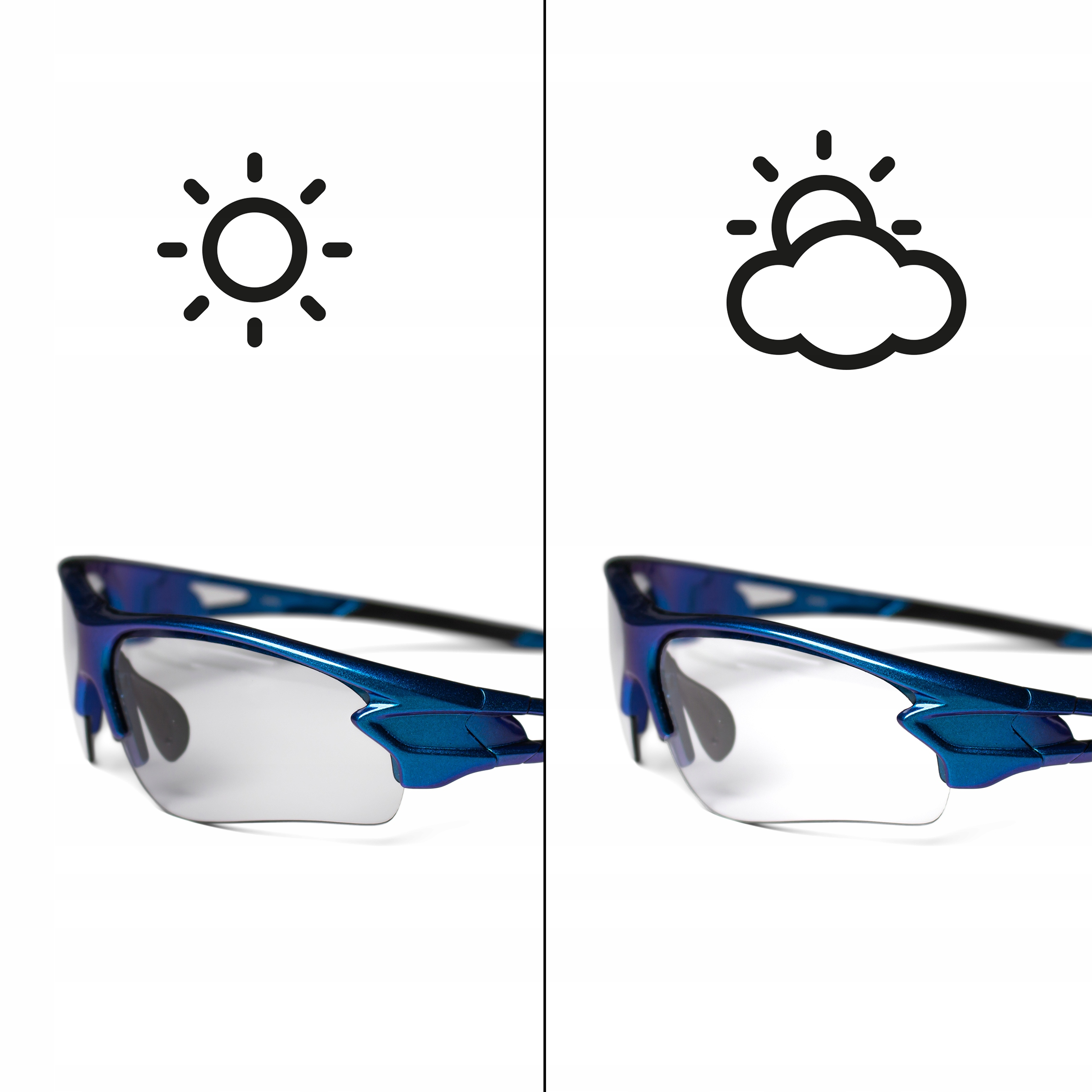Sonnenbrille mit Sonnen- und Wolkensymbolen. Die Sonnenbrille wechselt die Tönung. Weißer Hintergrund.