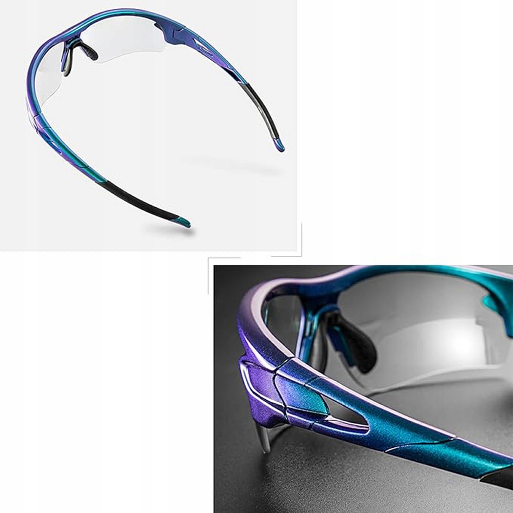 Nahaufnahme einer blauen und violetten Sportsonnenbrille mit klaren Gläsern.