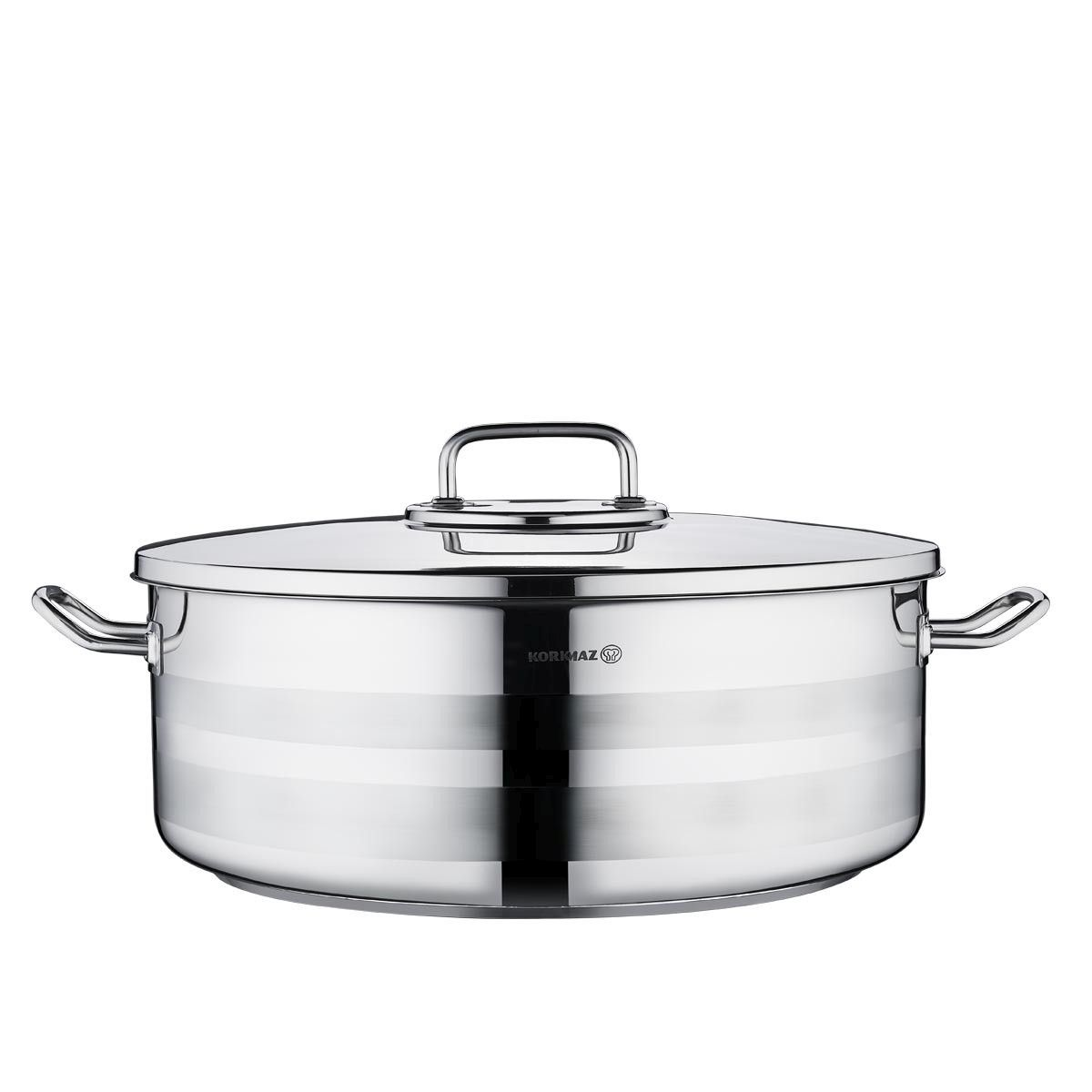 Rvs kookpot met een deksel en twee handvatten, geïsoleerd op wit.