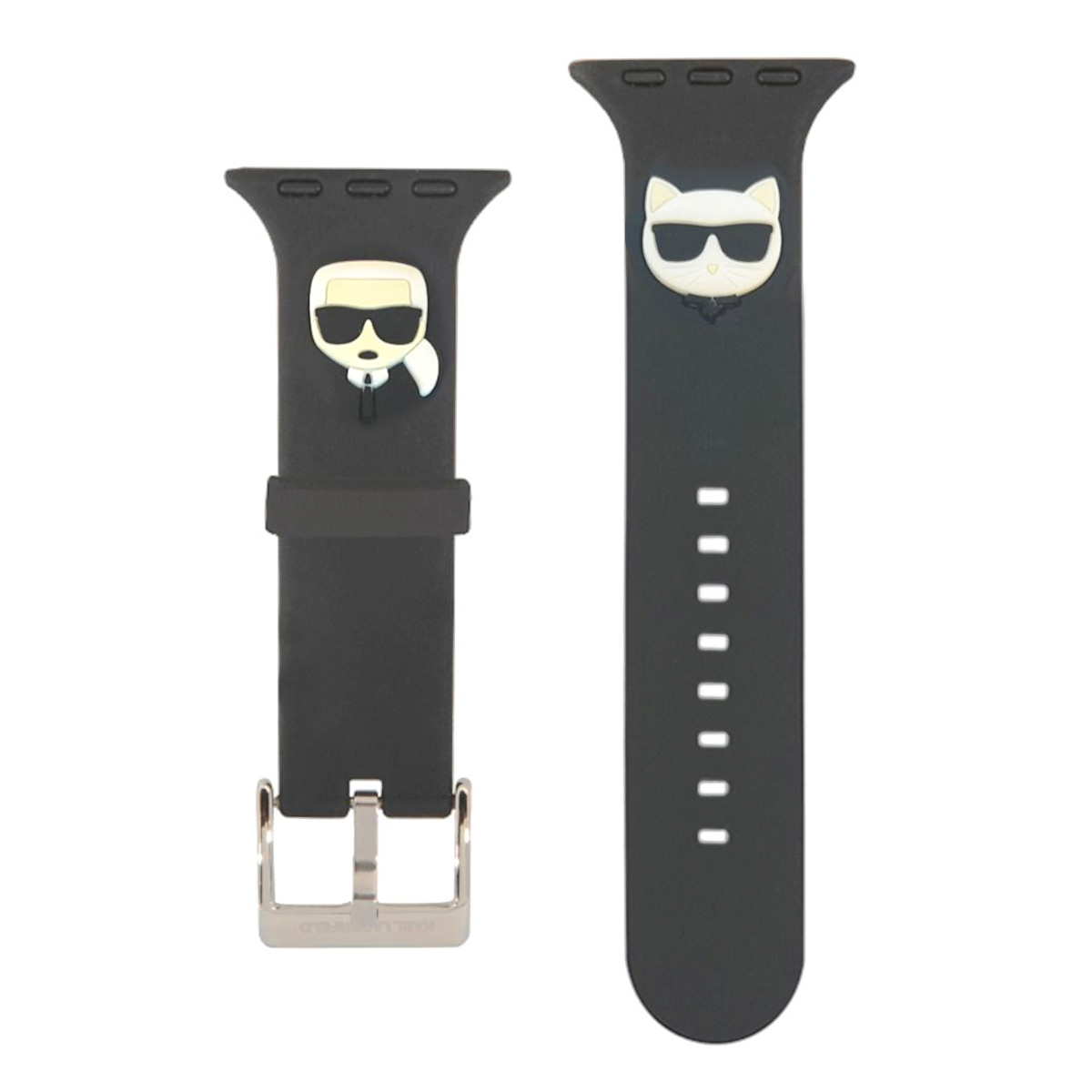 Dwa czarne paski do zegarków z wzorami Karla Lagerfelda. Jeden ma jego twarz, drugi kota w okularach przeciwsłonecznych.