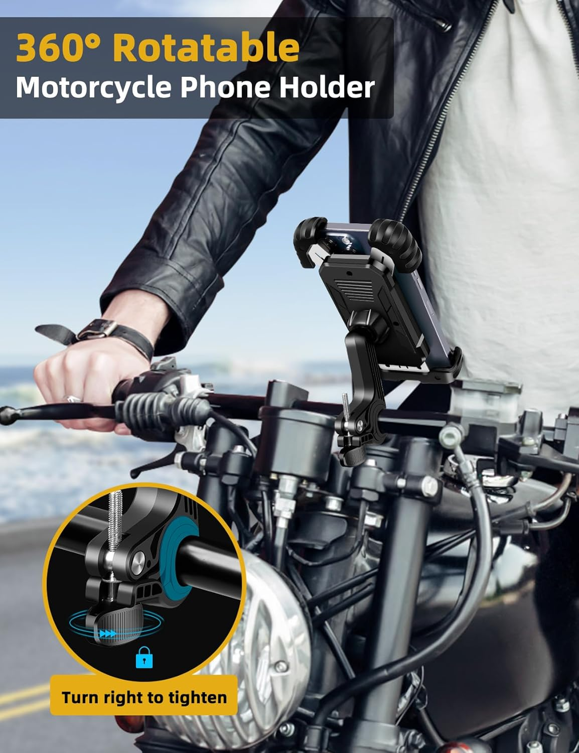 Ein Motorrad-Lenker-Telefonhalter mit montiertem Telefon. Es gibt auch eine Nahaufnahme des Befestigungsmechanismus.
