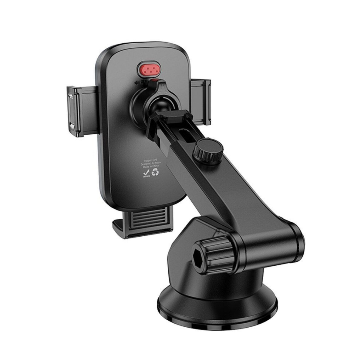 Zwarte telefoonhouder voor in de auto op een witte achtergrond, met rode knop en zuignap.