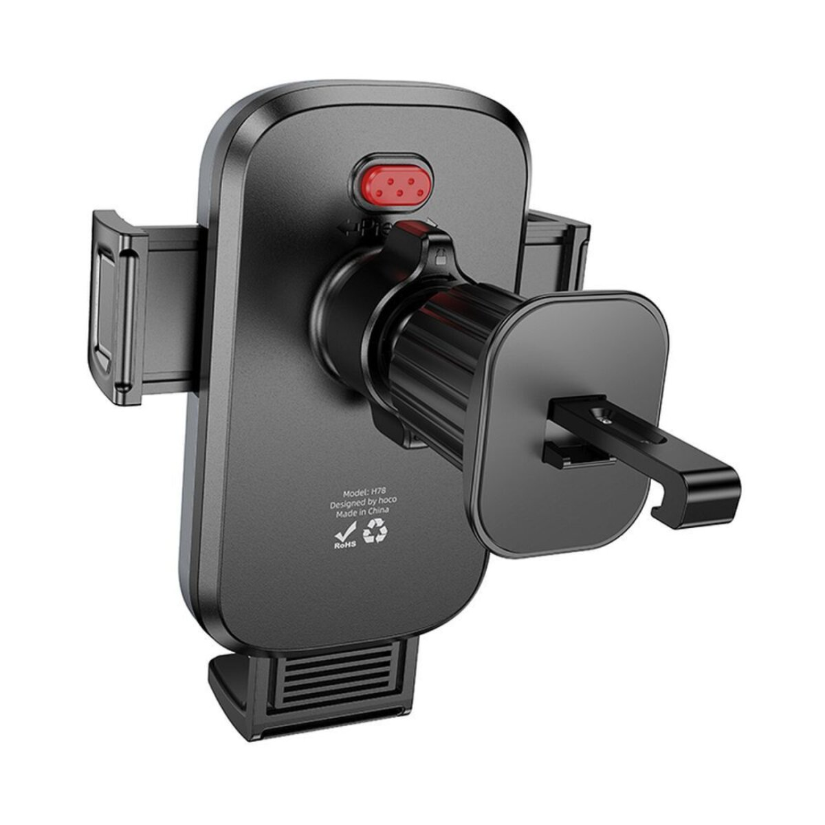 Zwarte telefoonhouder voor in de auto met rode knop. Model H78, ontworpen door Hoco, gemaakt in China.