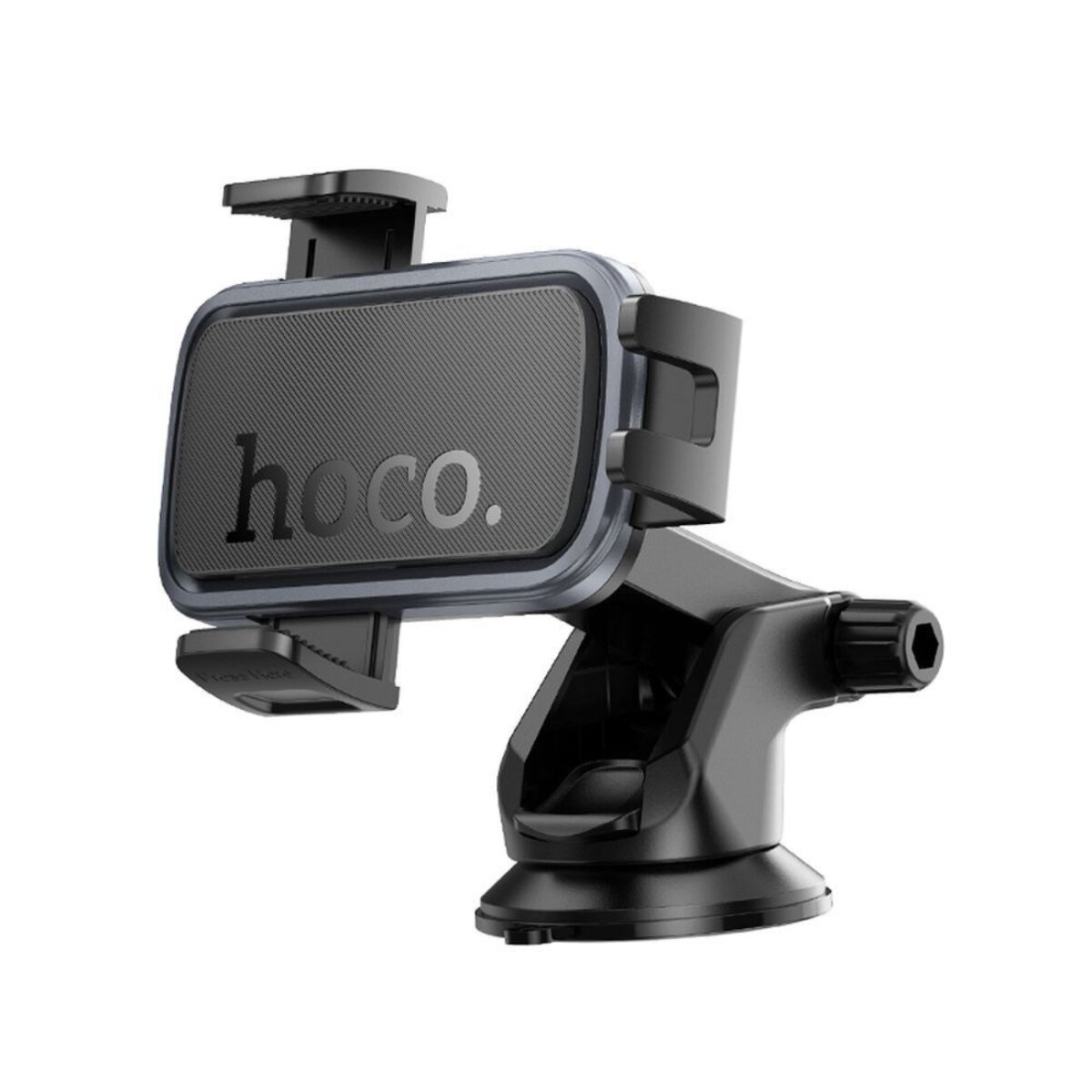 Een telefoonhouder voor in de auto met een zuignap. De telefoon zit in de houder.