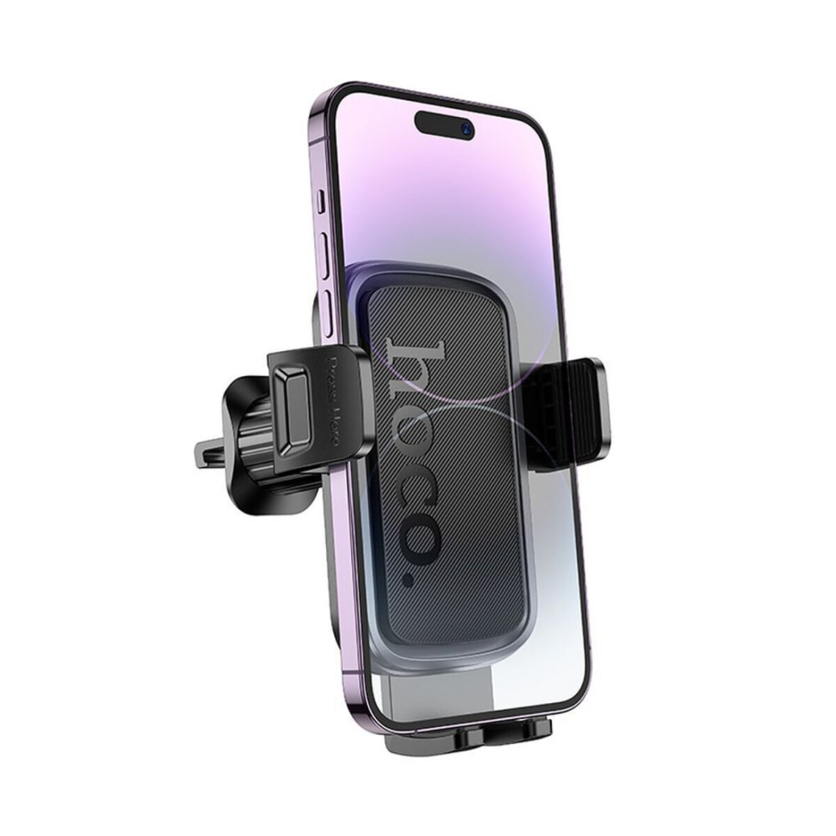 Een telefoon is gemonteerd in een ventilatiehouder voor in de auto. De telefoon is paars en zwart.