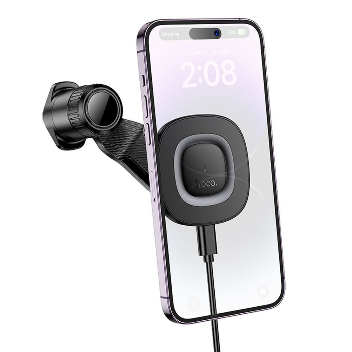 Zwarte en zilveren telefoonhouder met aangesloten telefoon, oplaadkabel zichtbaar.